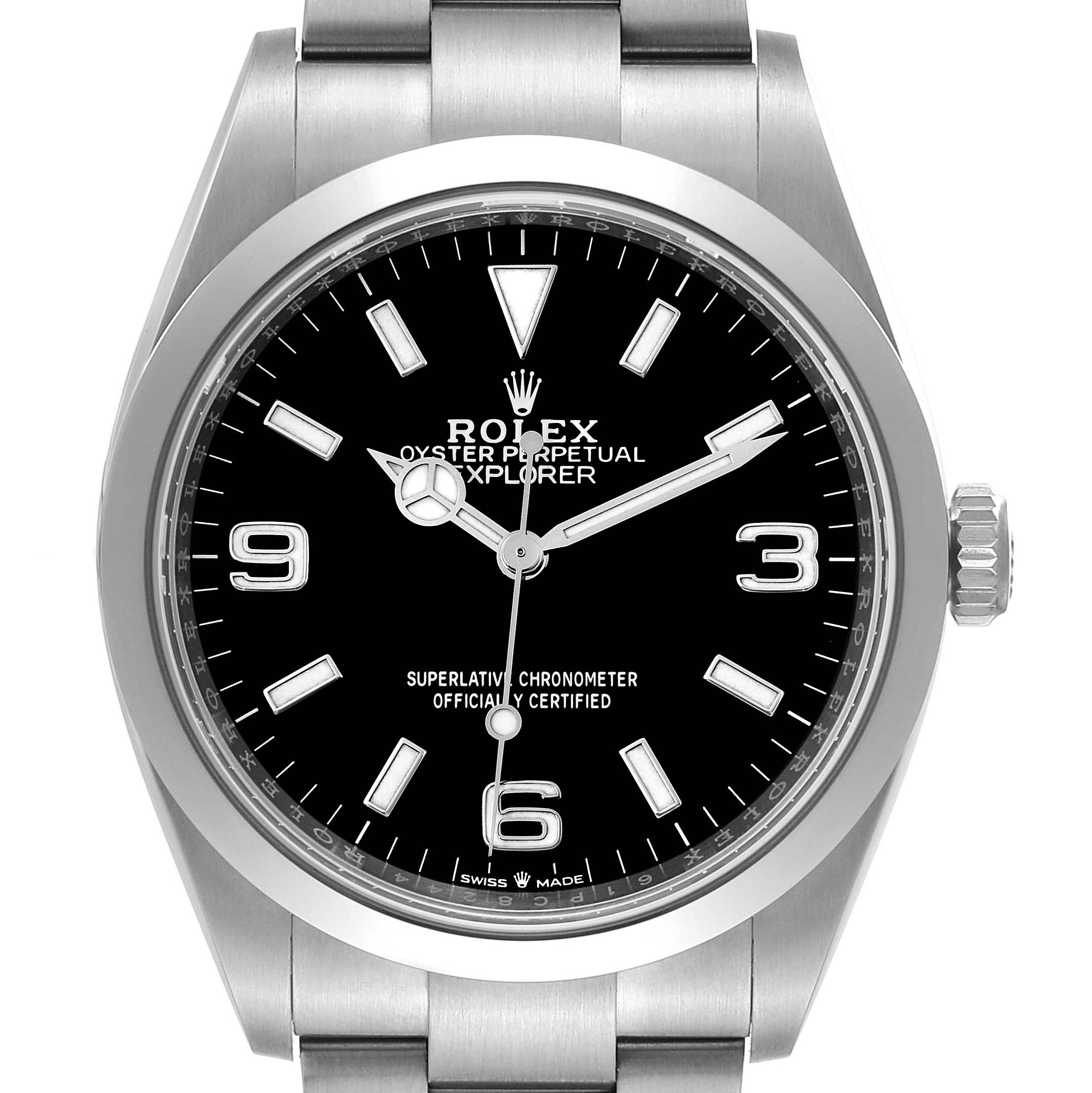 This image shows a front view of the Rolex Explorer 124270 Men's Stainless Steel Black Dial 124270 Men's Stainless Steel Black Dial watch, highlighting the dial, bezel, crown, and stainless steel bracelet.