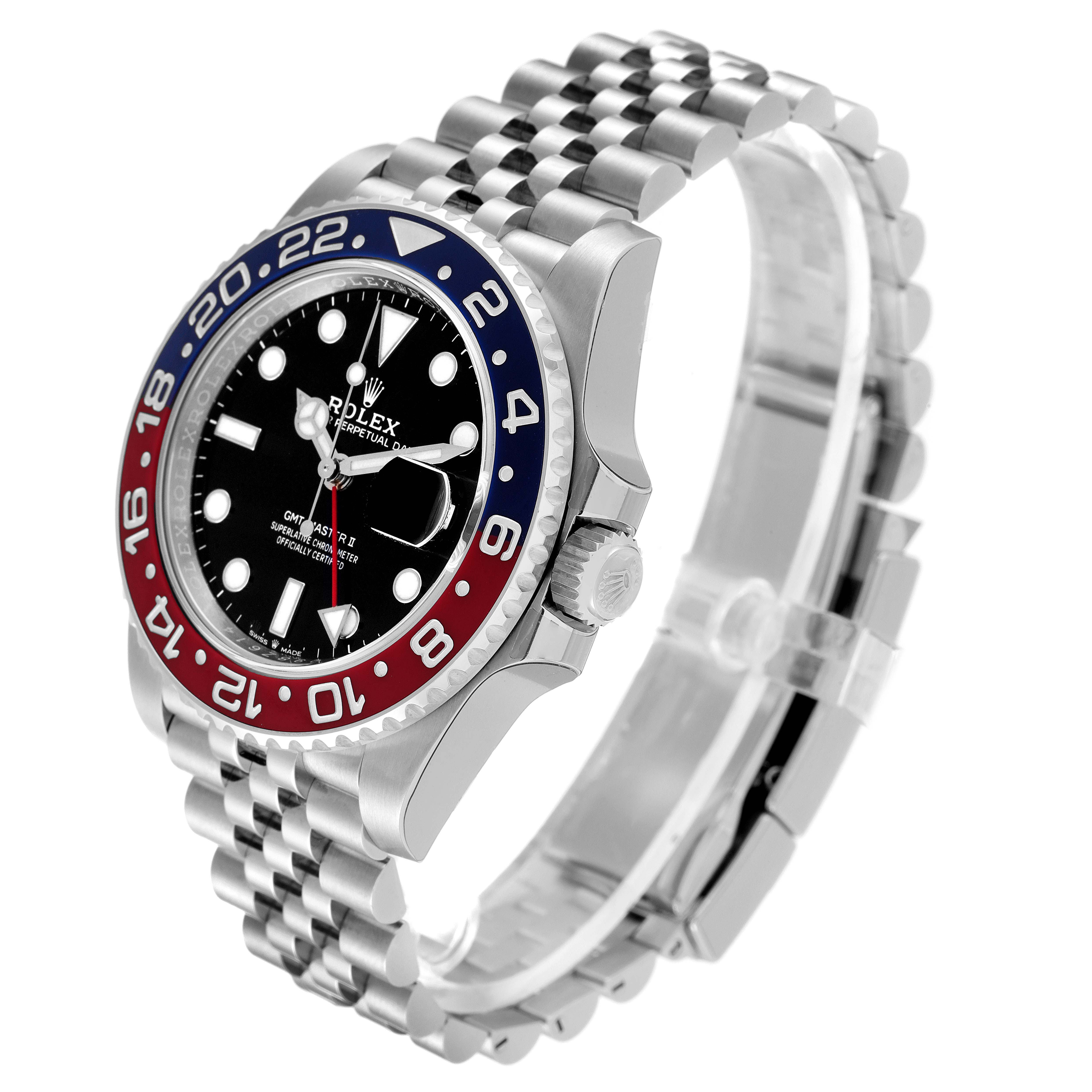 The Rolex GMT-Master 126710 Men
s Stainless Steel Black Dial 126710 Men
s Stainless Steel Black Dial watch is shown at a three-quarter angle, highlighting its dual-color bezel, dial, and jubilee bracelet.