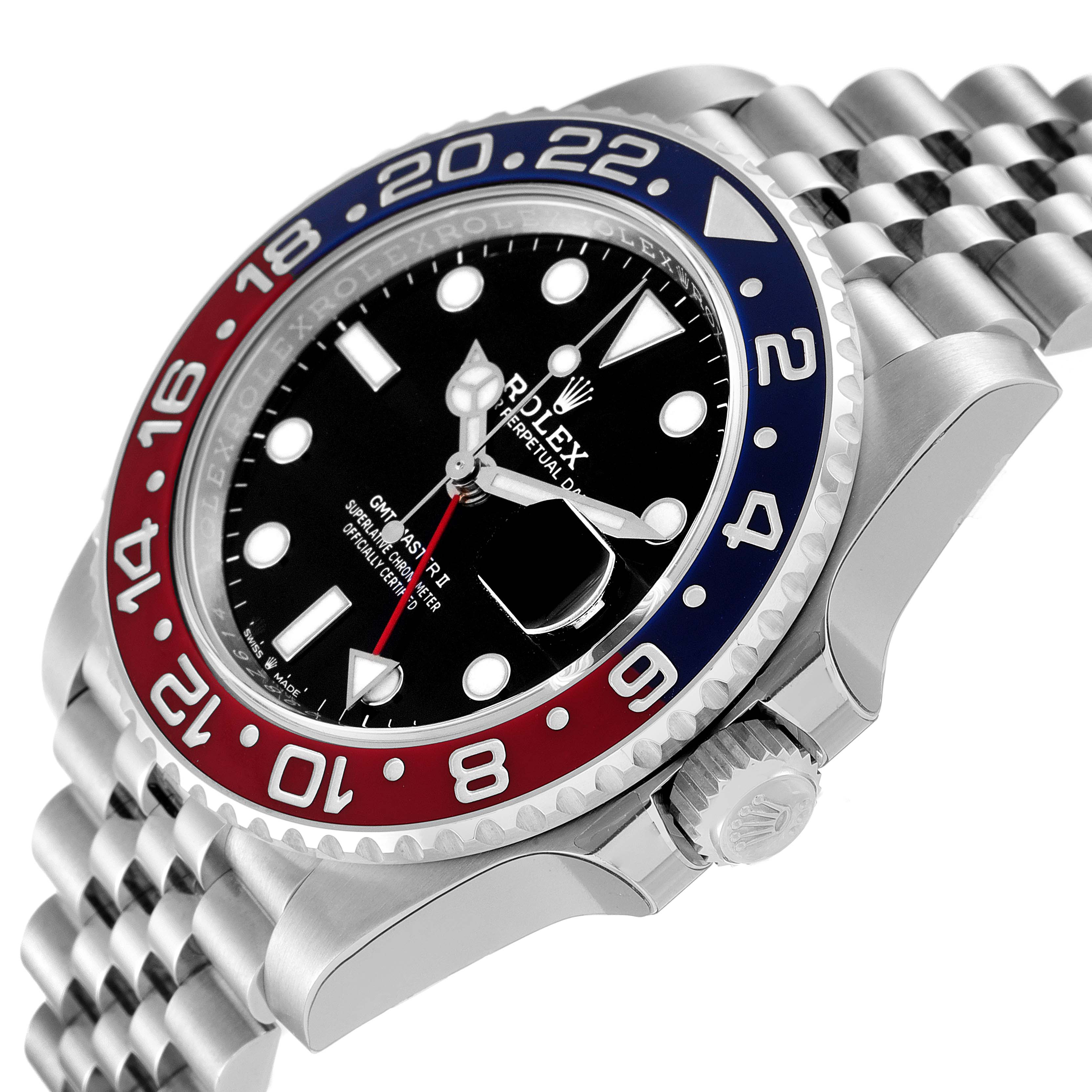 The image shows a side angle of the Rolex GMT-Master 126710 Men
s Stainless Steel Black Dial 126710 Men
s Stainless Steel Black Dial, highlighting the bezel, case, crown, and part of the bracelet.