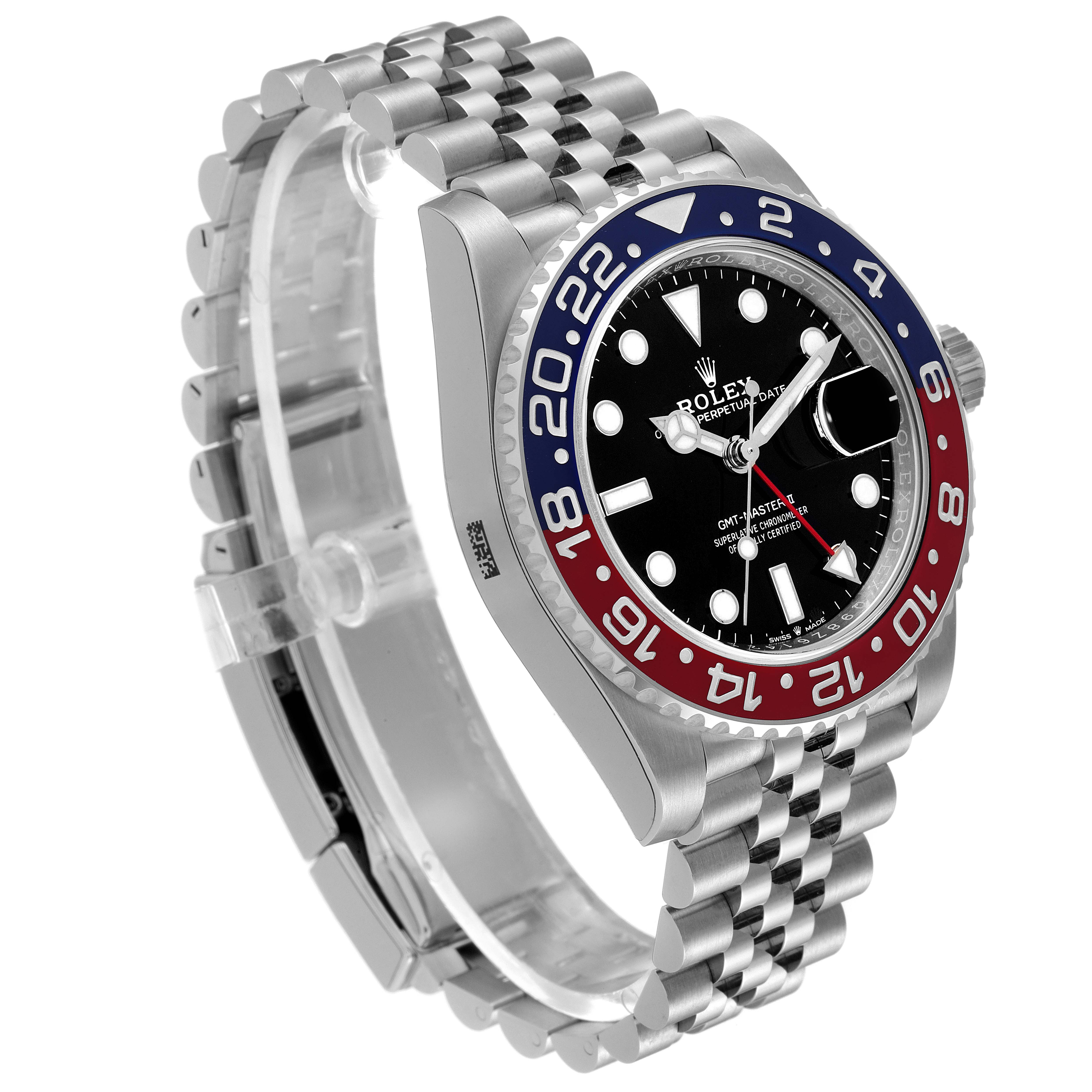 This image shows a side angle of the Rolex GMT-Master 126710 Men
s Stainless Steel Black Dial 126710 Men
s Stainless Steel Black Dial watch, highlighting the bezel and bracelet.