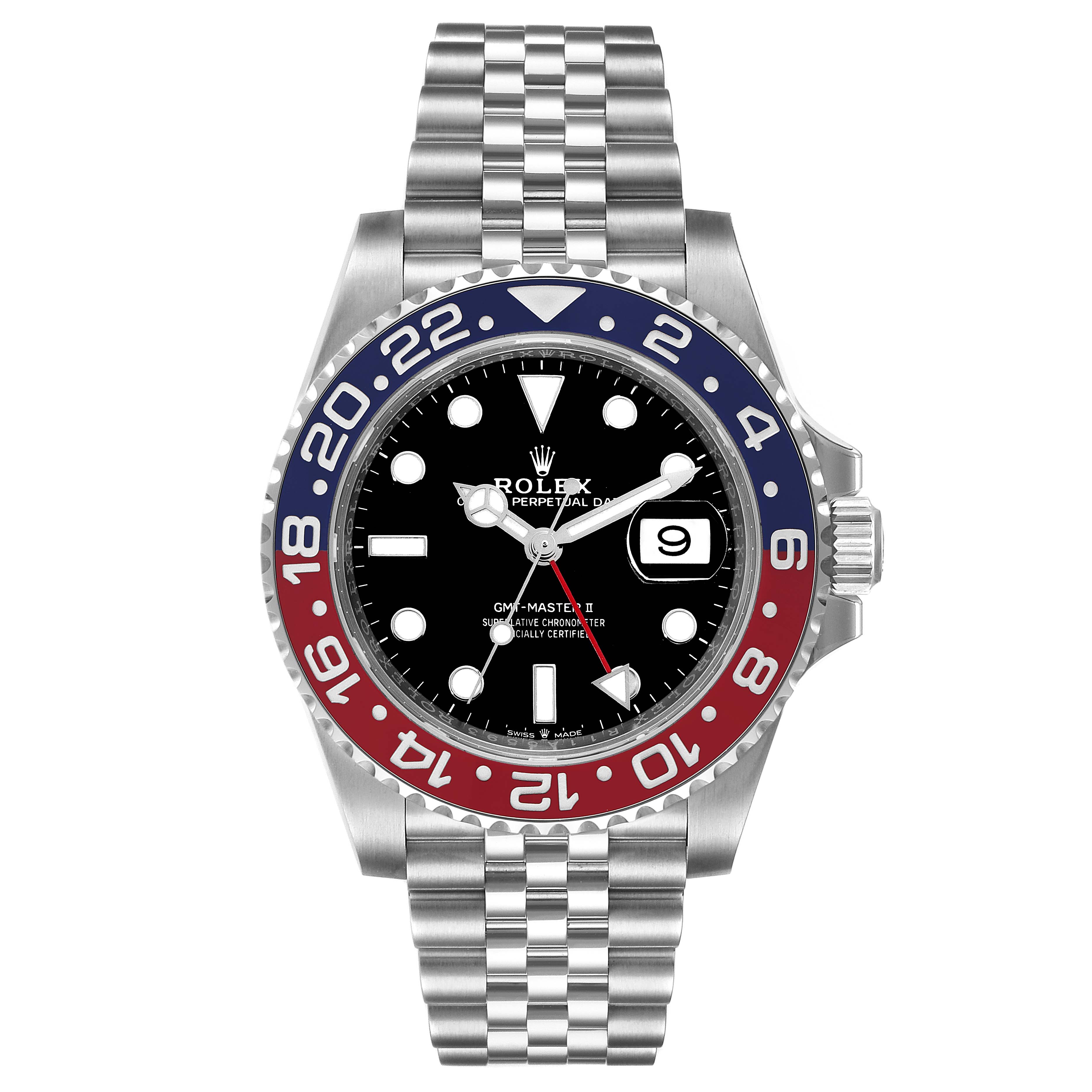 This image shows a front view of the Rolex GMT-Master 126710 Men
s Stainless Steel Black Dial 126710 Men
s Stainless Steel Black Dial II watch, highlighting its black dial, two-tone bezel, and jubilee bracelet.