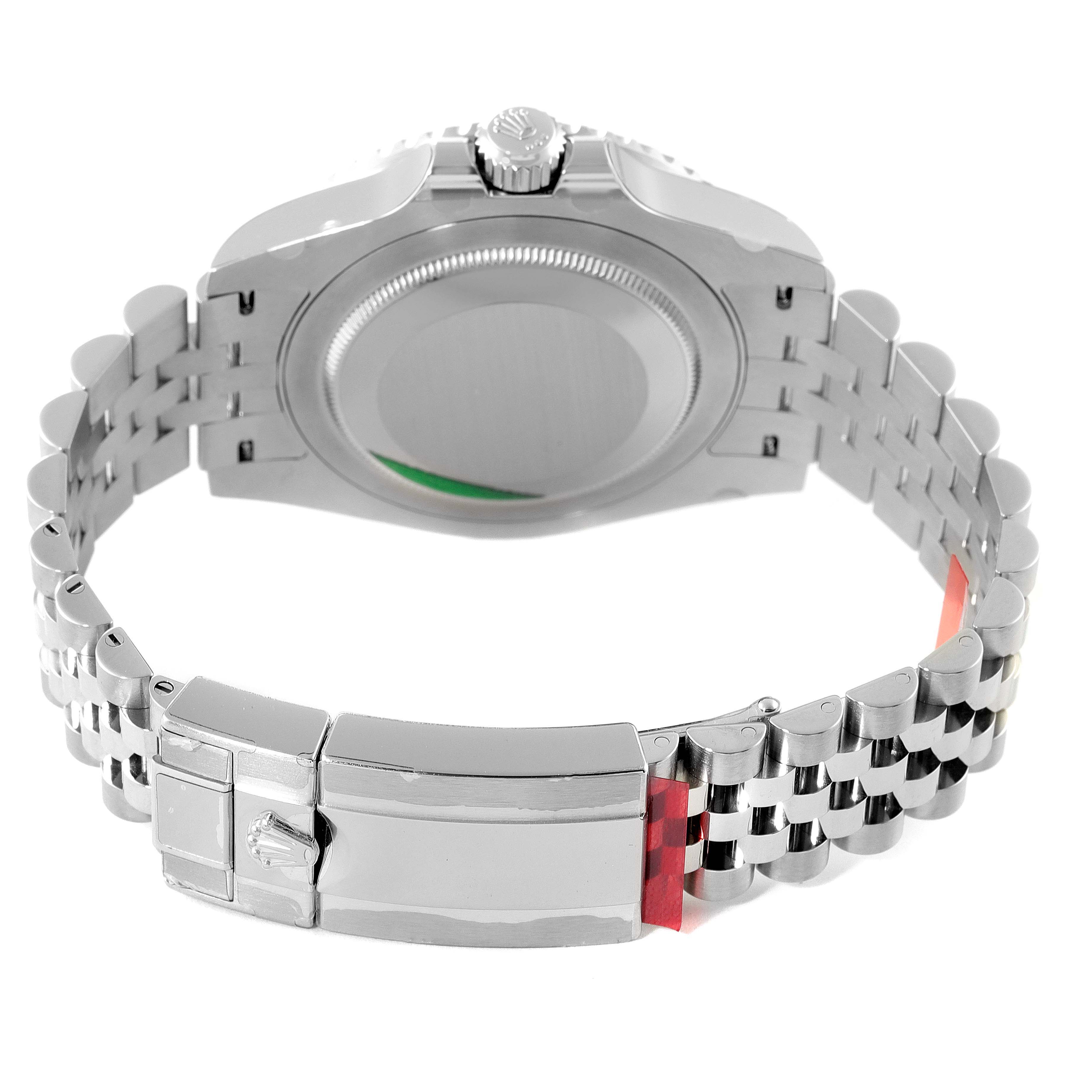 This image shows the back case, crown, and clasp of a Rolex GMT-Master 126710 Men
s Stainless Steel Black Dial 126710 Men
s Stainless Steel Black Dial watch from a rear angle.