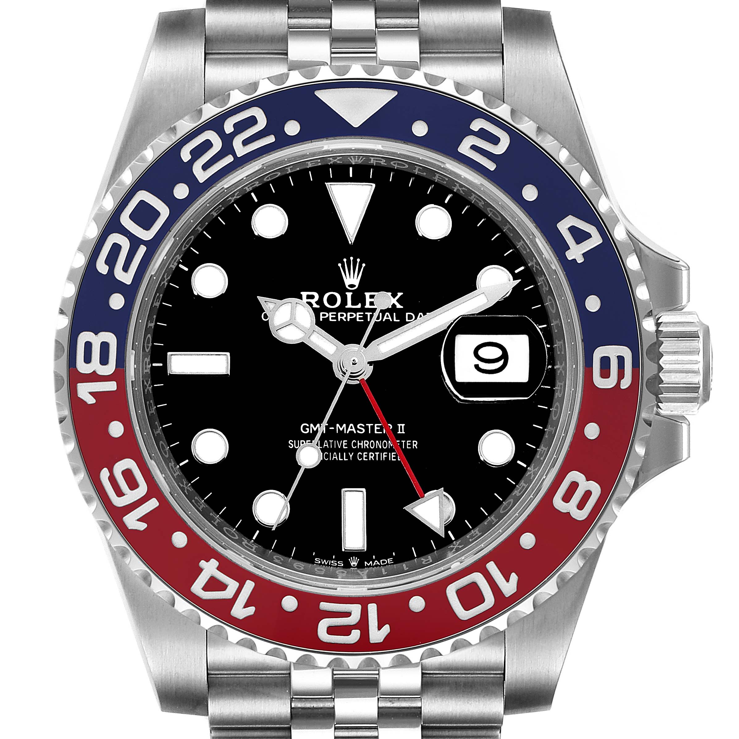 This image shows a front view of the Rolex GMT-Master 126710 Men
s Stainless Steel Black Dial 126710 Men
s Stainless Steel Black Dial II watch, highlighting the bezel, dial, hands, and bracelet.
