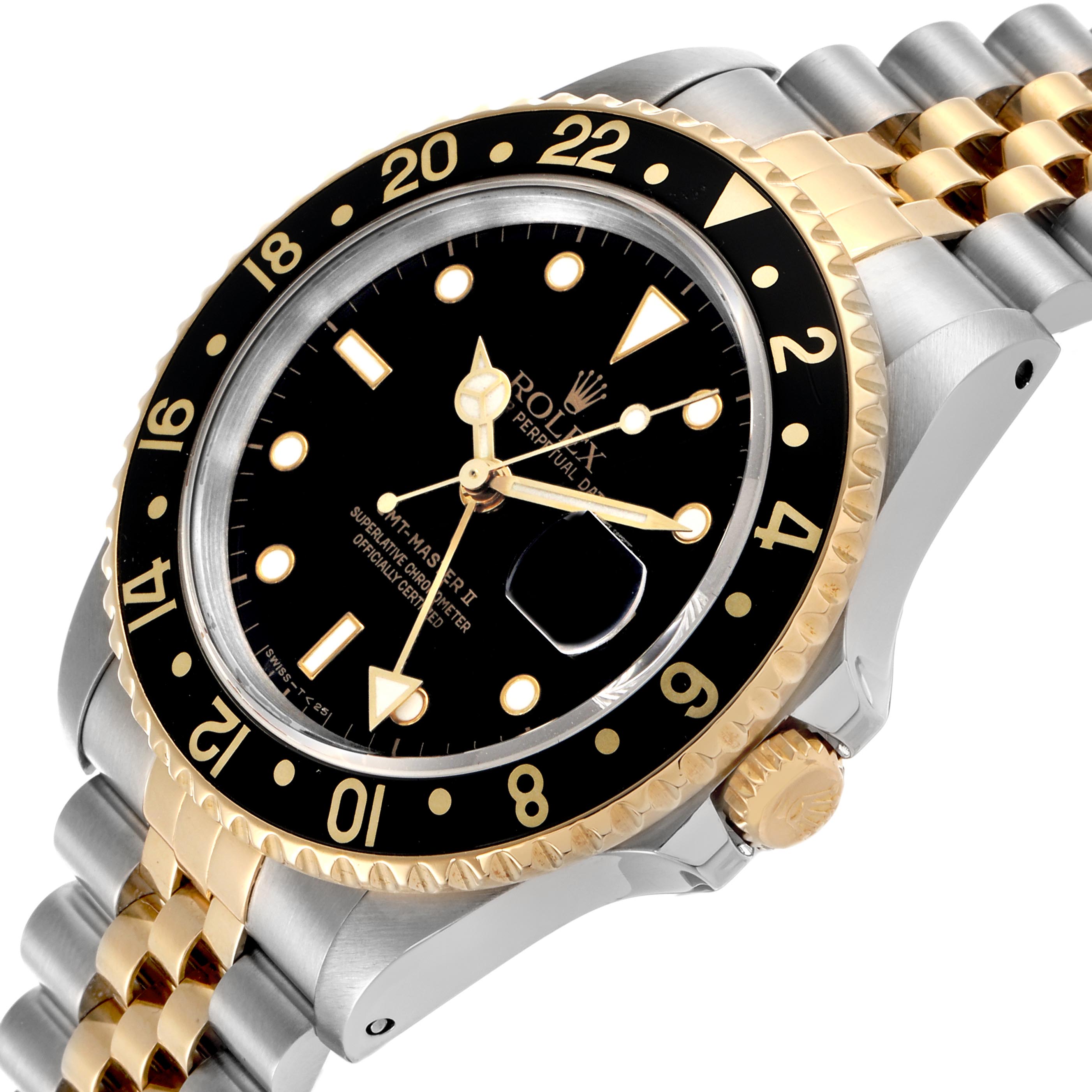 The Rolex GMT-Master 16713LN Men's Steel and Gold (two tone) Black Dial 16713LN Men's Steel and Gold (two tone) Black Dial watch is shown at a 3/4 angle, highlighting the face, bezel, crown, and bracelet.