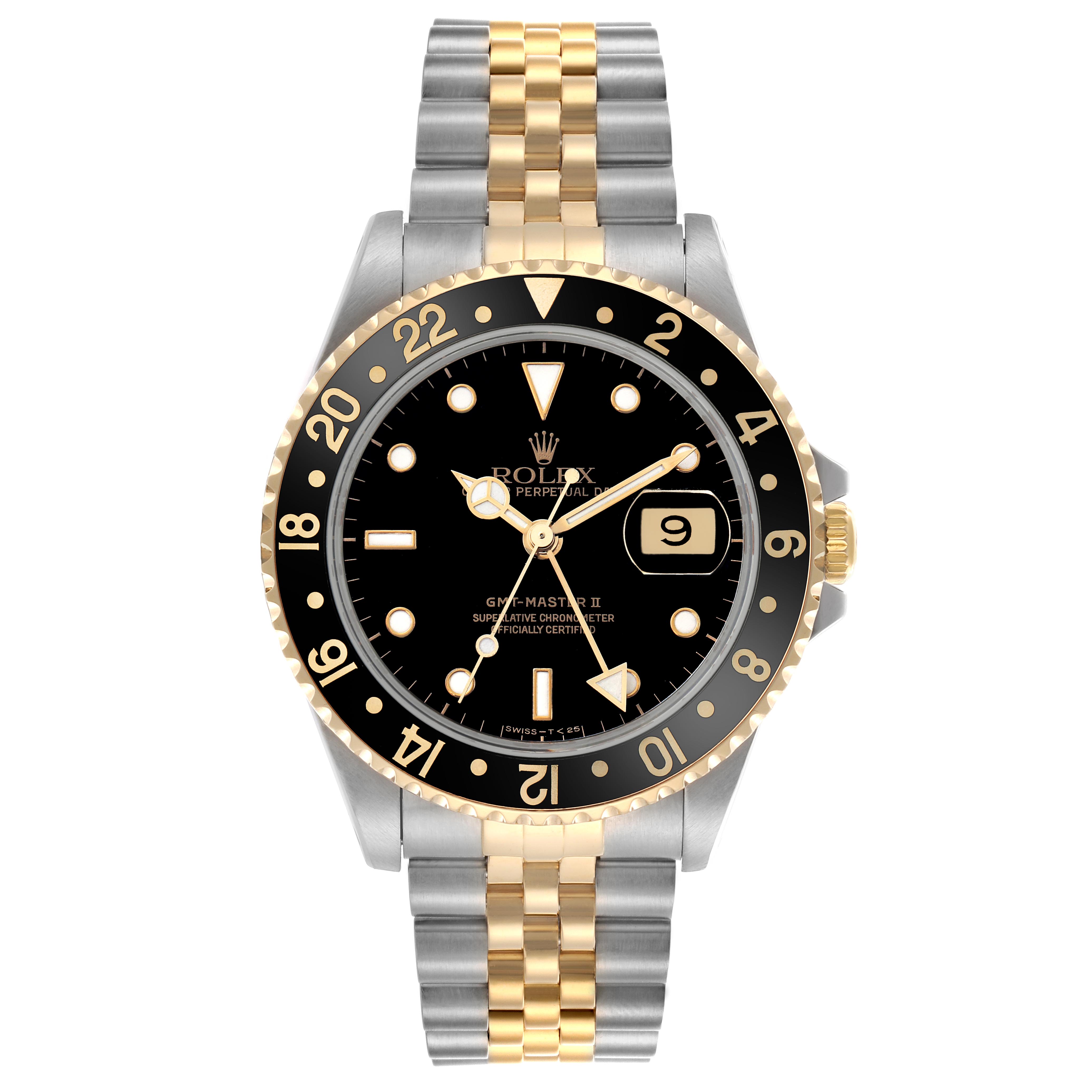 The Rolex GMT-Master 16713LN Men's Steel and Gold (two tone) Black Dial 16713LN Men's Steel and Gold (two tone) Black Dial watch is shown from the front, displaying the bezel, dial, hands, and two-tone bracelet.