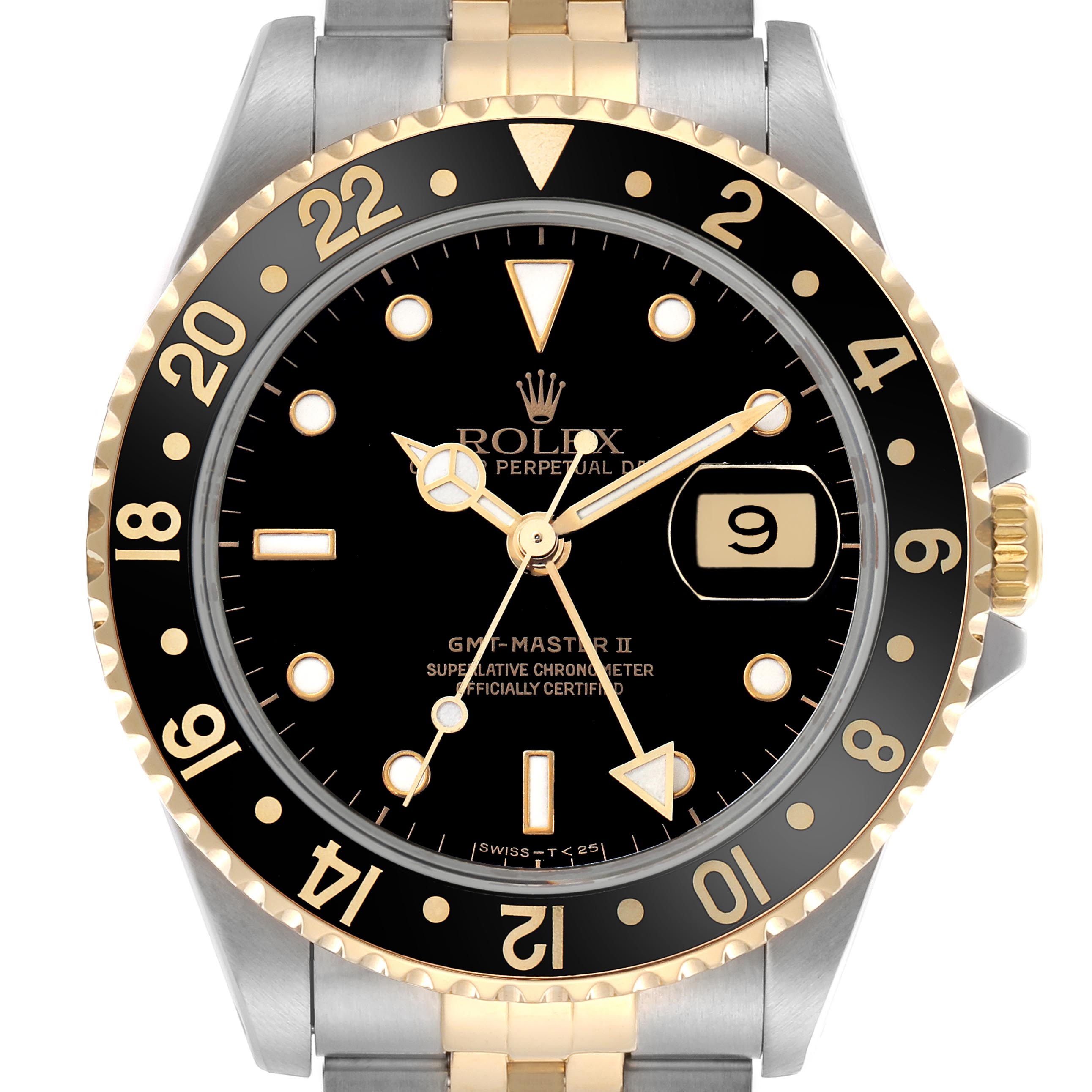 The Rolex GMT-Master 16713LN Men's Steel and Gold (two tone) Black Dial 16713LN Men's Steel and Gold (two tone) Black Dial II watch is shown from the front, highlighting the bezel, dial, hands, and date window.