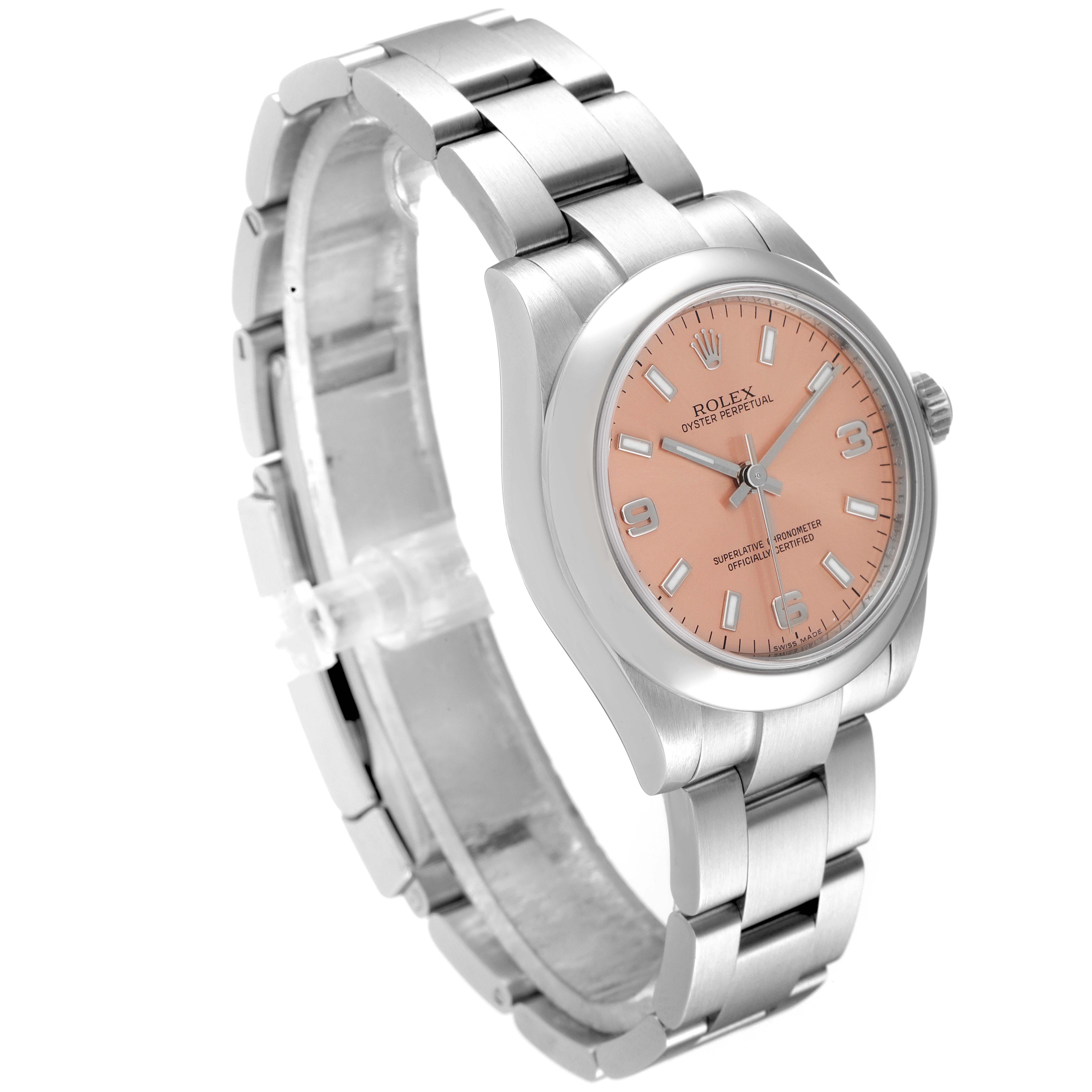 The Rolex Mid-Size 177200 Women's Stainless Steel Pink Dial 177200 Women's Stainless Steel Pink Dial watch is displayed at an angle showing the face, bezel, and bracelet.