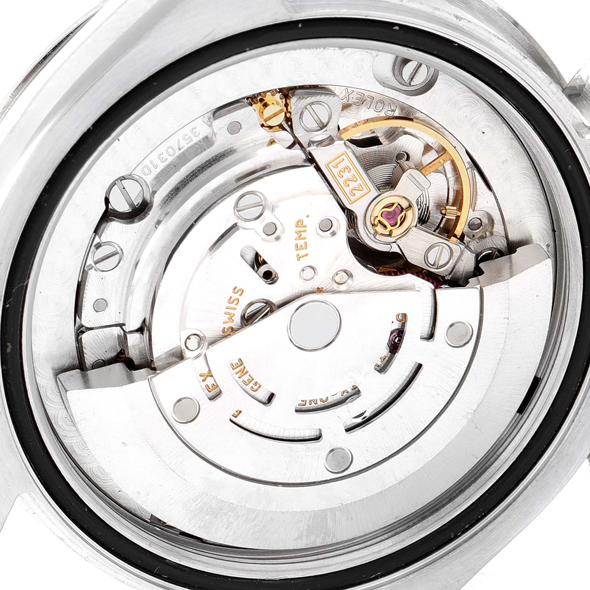 The image shows the internal mechanical movement parts of a Rolex Mid-Size 177200 Women's Stainless Steel Pink Dial 177200 Women's Stainless Steel Pink Dial model watch from the back angle.