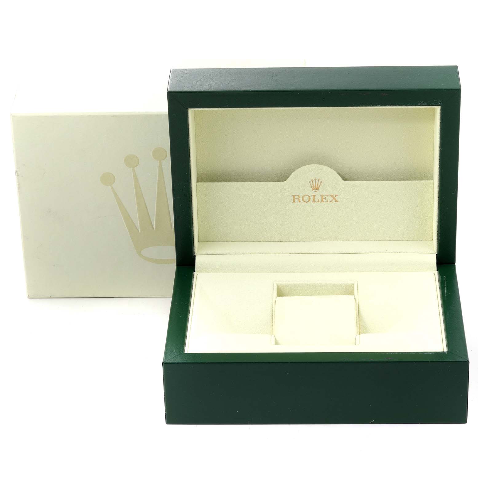 The image shows an empty Rolex watch box for a mid-size model, with the outer box also partially visible.