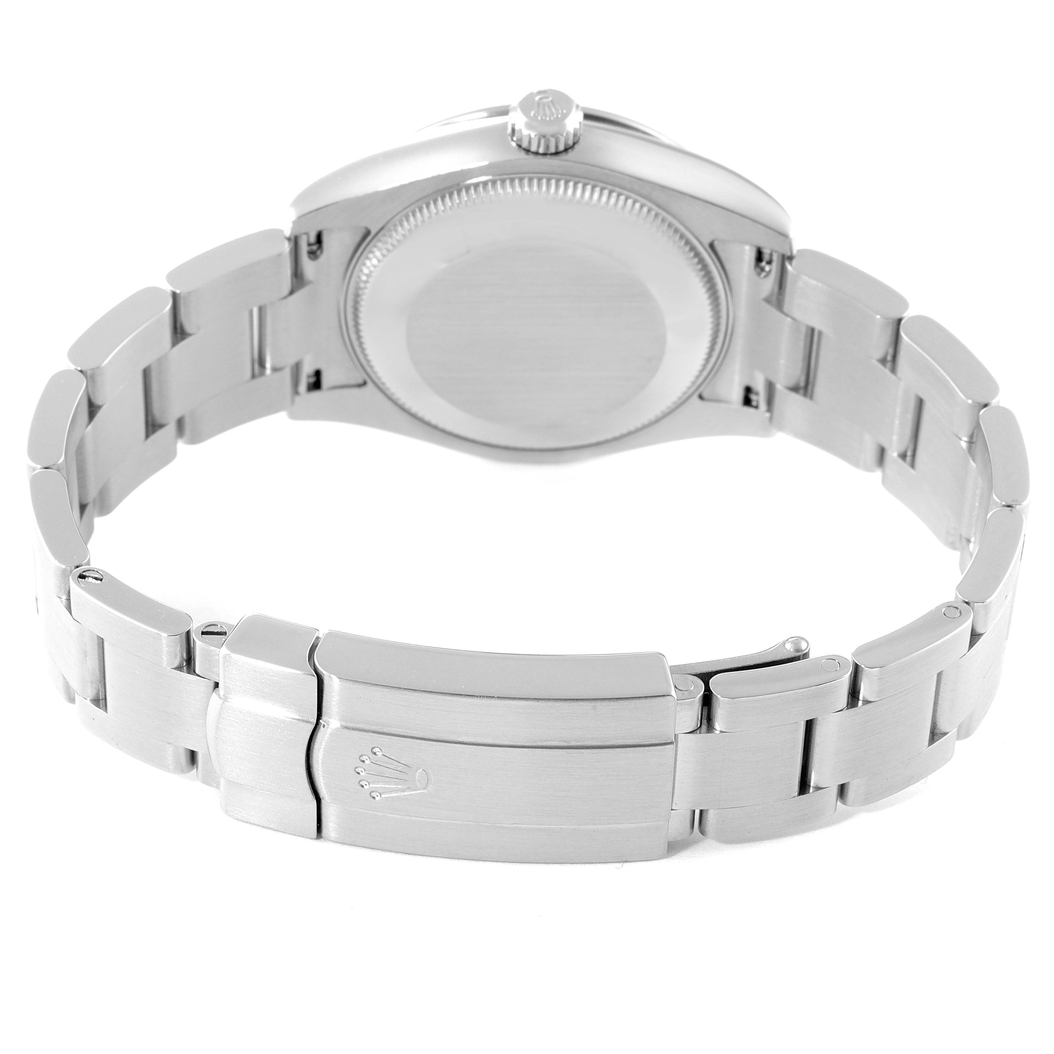 The image shows the back case and full bracelet of a Rolex Mid-Size 177200 Women's Stainless Steel Pink Dial 177200 Women's Stainless Steel Pink Dial model watch at an angle.