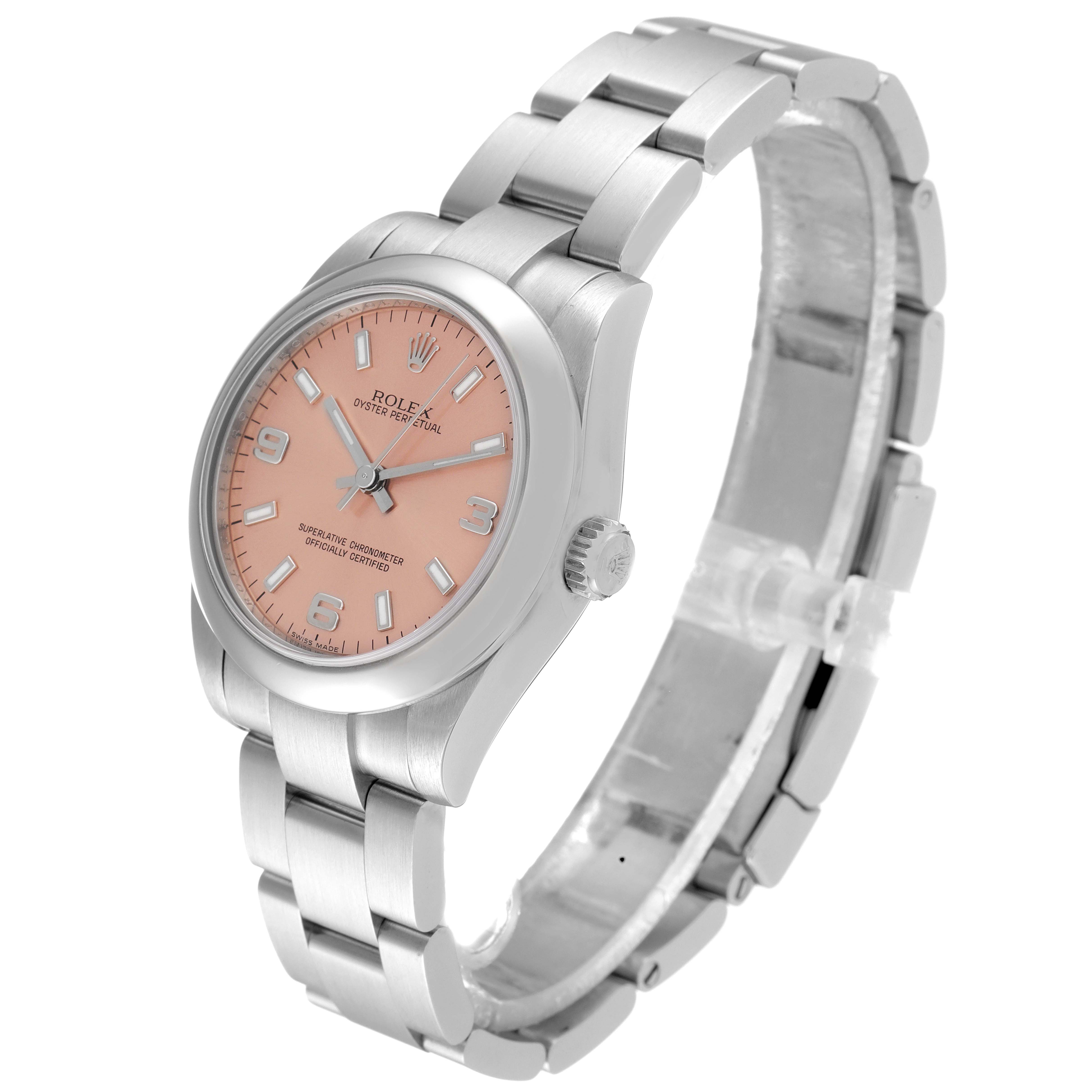 This is a Rolex Mid-Size 177200 Women's Stainless Steel Pink Dial 177200 Women's Stainless Steel Pink Dial model shown at a three-quarter angle, displaying the dial, case, and bracelet.