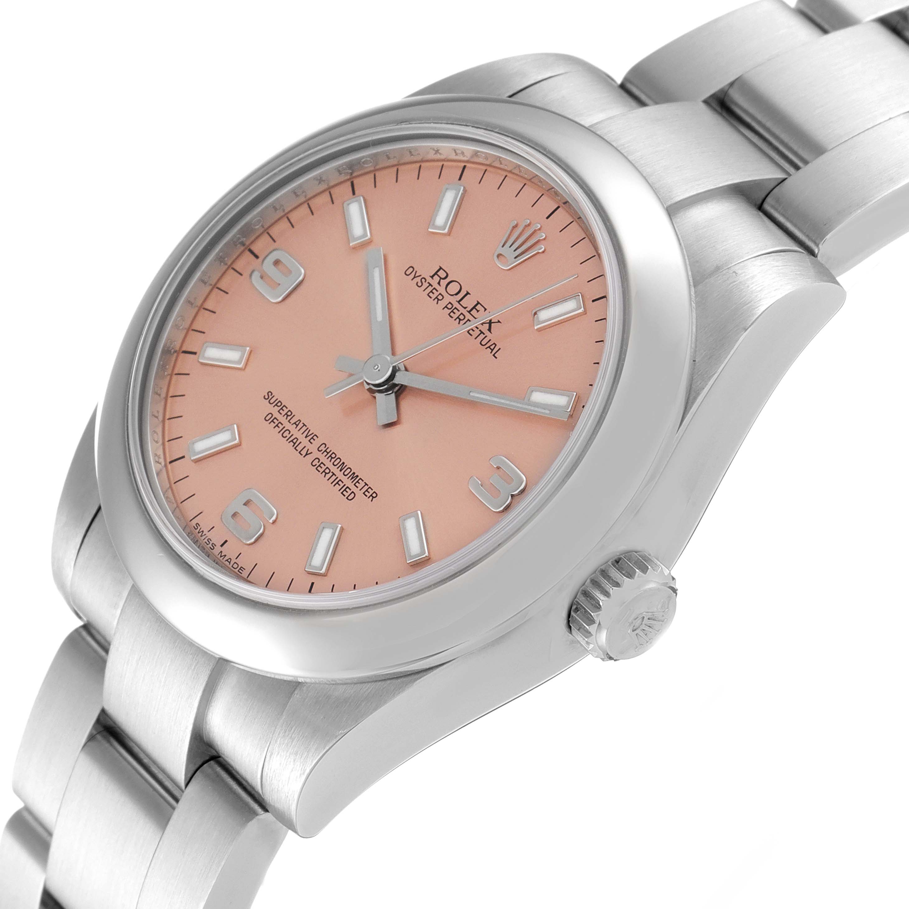 The image shows a Rolex Mid-Size 177200 Women's Stainless Steel Pink Dial 177200 Women's Stainless Steel Pink Dial Oyster Perpetual watch at an angle revealing the dial, crown, and part of the bracelet.