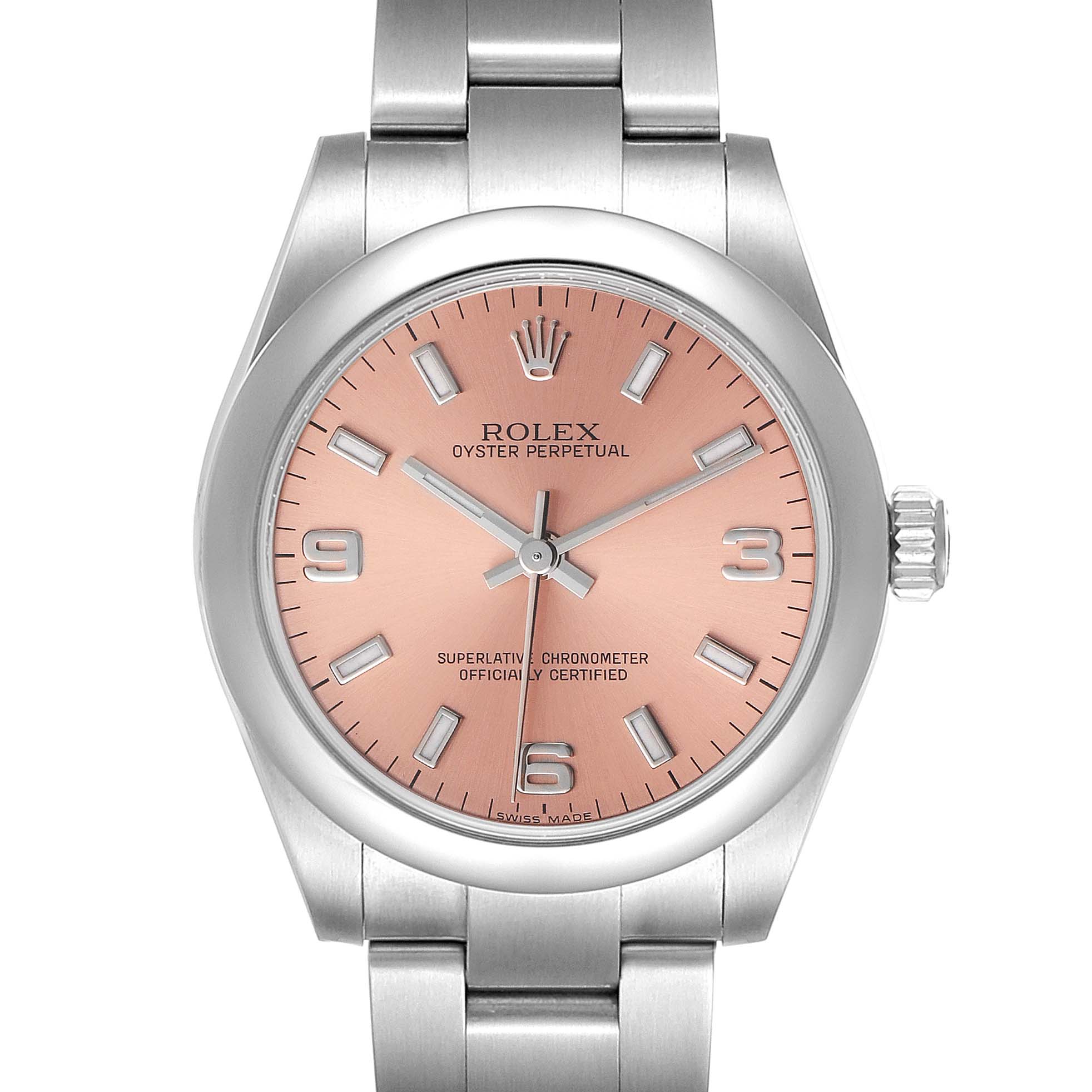 The Rolex Mid-Size 177200 Women's Stainless Steel Pink Dial 177200 Women's Stainless Steel Pink Dial model is shown from the front, displaying its pink dial, numerals, and part of the bracelet.