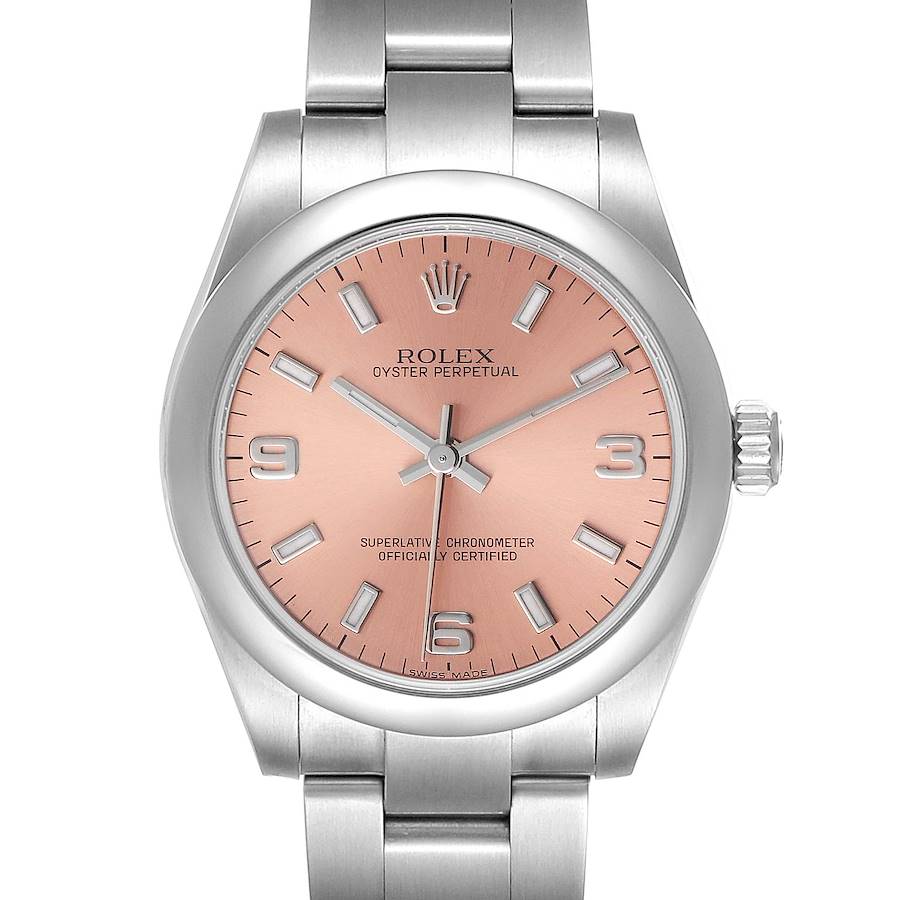 Rolex Midsize 31 Salmon Dial Domed Bezel Steel Ladies Watch 177200 SwissWatchExpo