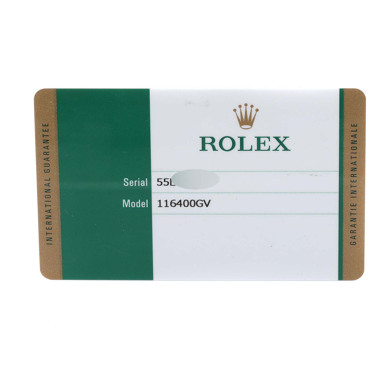 This image shows the international guarantee card for the Rolex Milgauss 116400GV Men's Stainless Steel Blue Dial 116400GV Men's Stainless Steel Blue Dial model 116400GV.