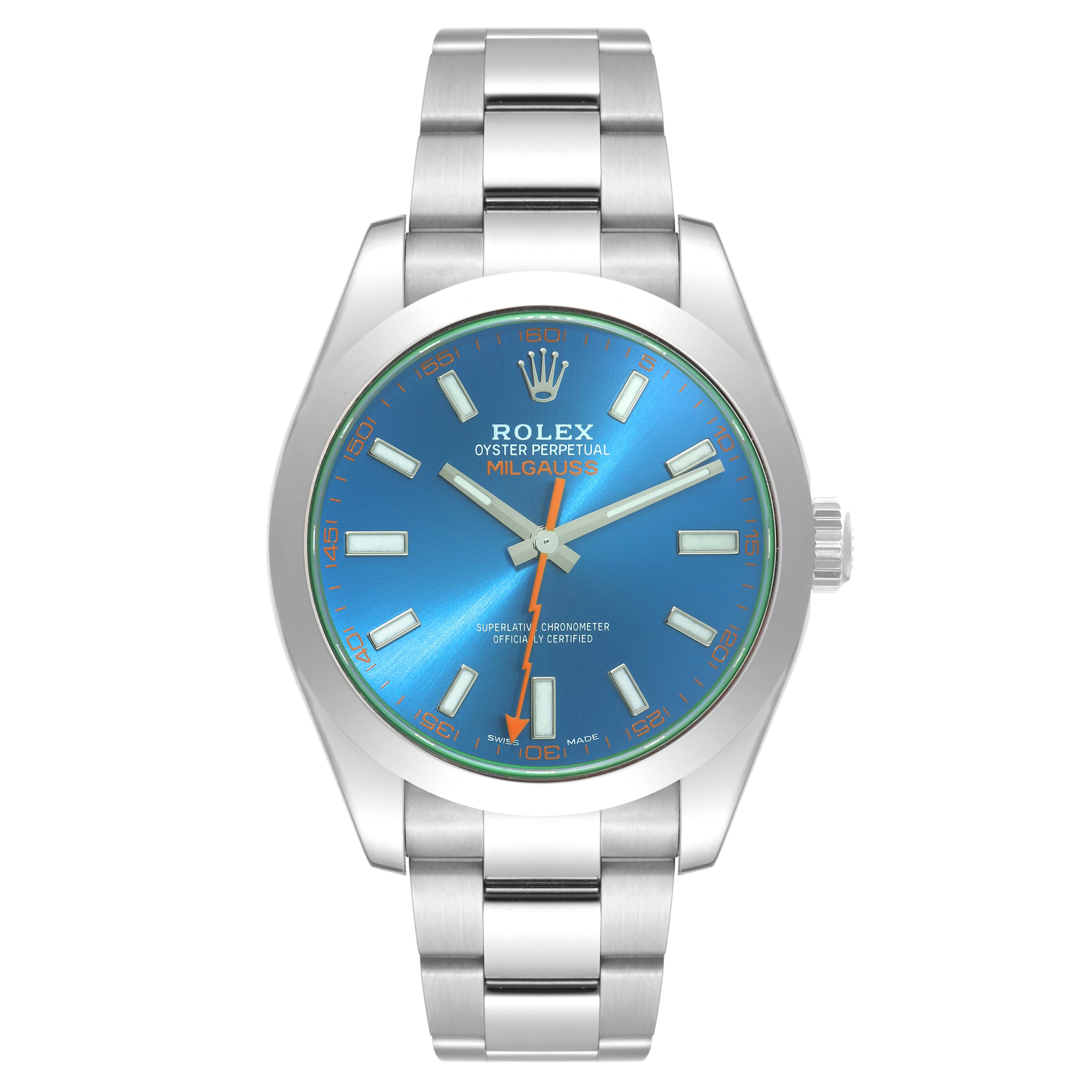 This image shows a front view of a Rolex Milgauss 116400GV Men's Stainless Steel Blue Dial 116400GV Men's Stainless Steel Blue Dial watch, featuring its dial, hands, and bracelet.