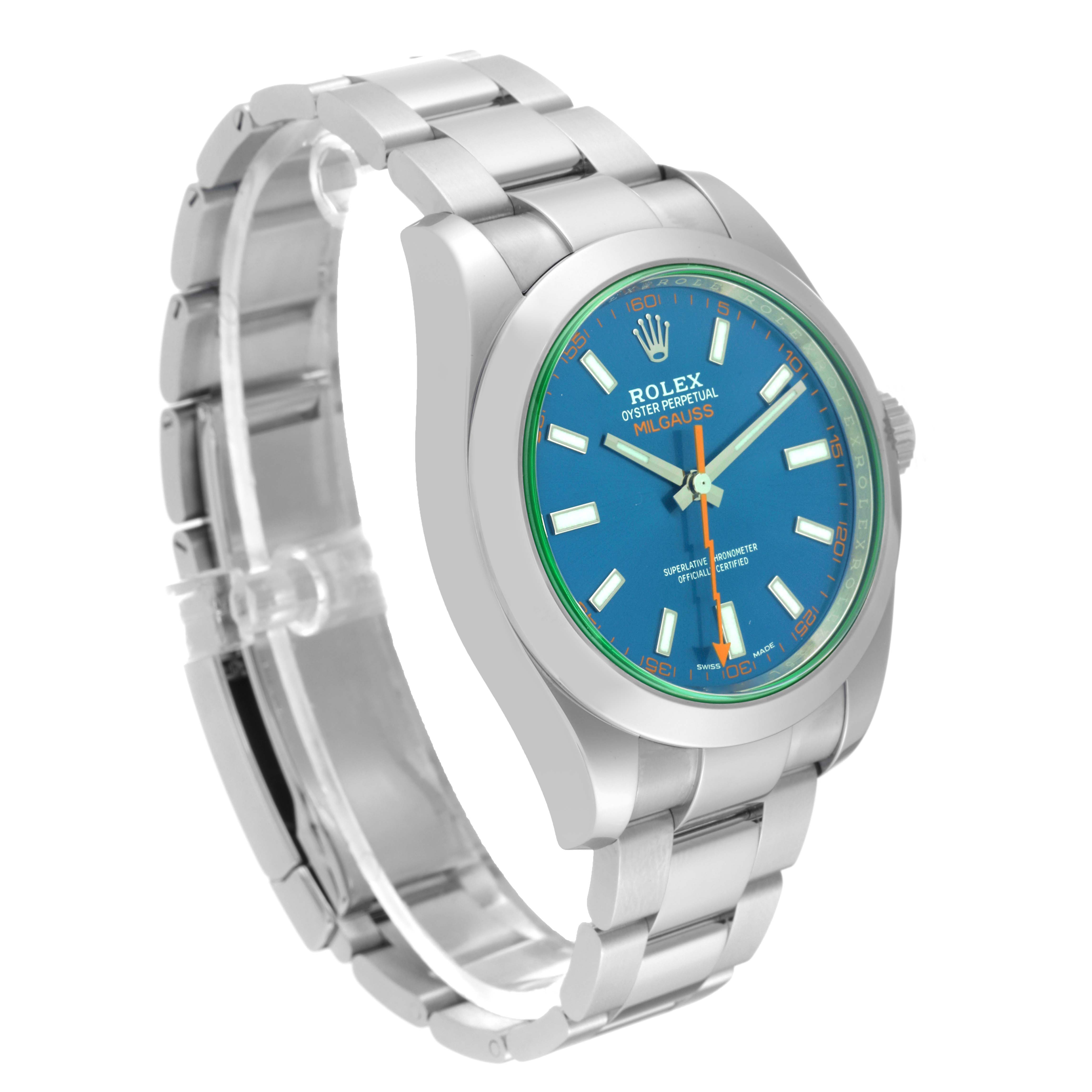 The image shows a side angle view of a Rolex Milgauss 116400GV Men's Stainless Steel Blue Dial 116400GV Men's Stainless Steel Blue Dial watch, highlighting the face, bezel, and bracelet.