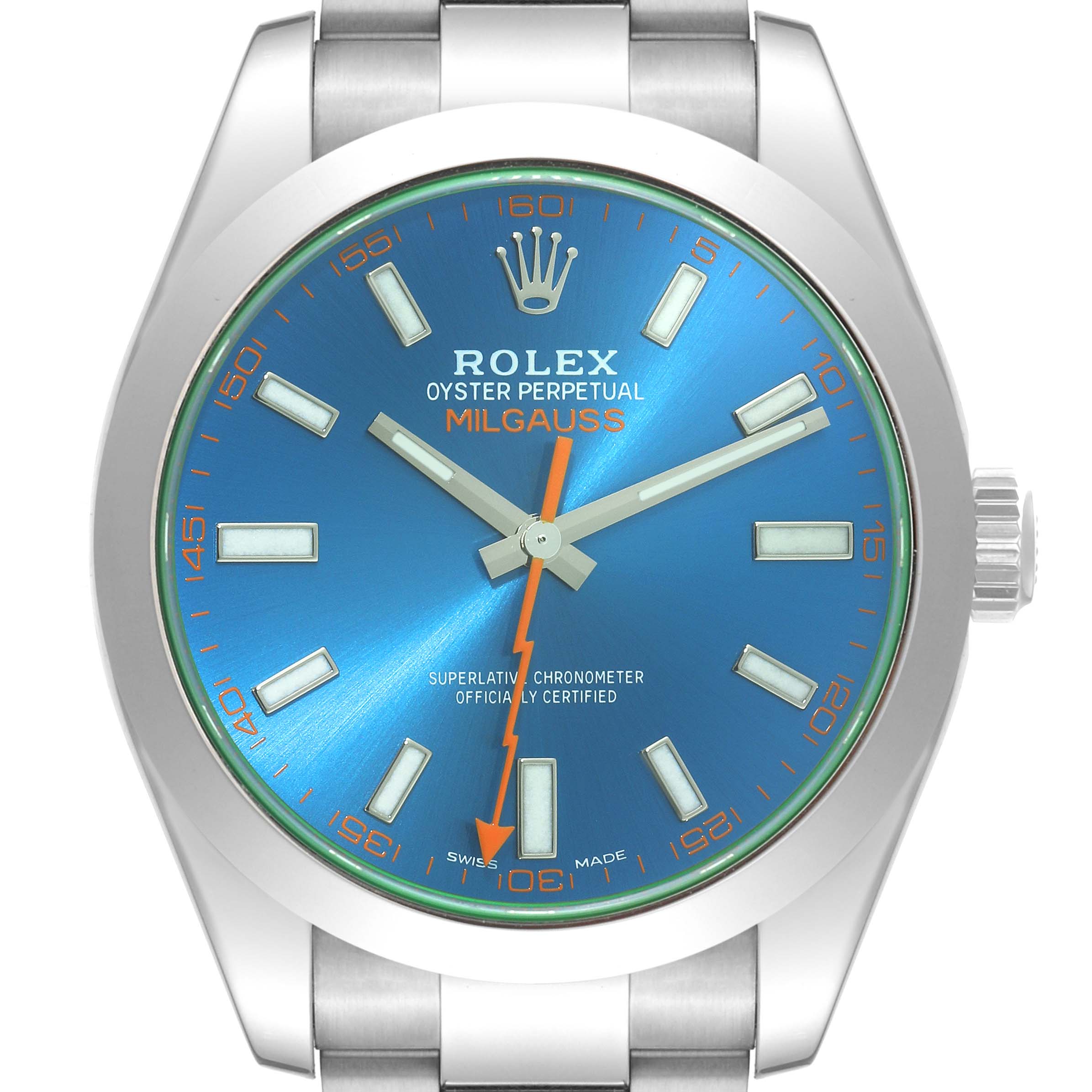 The Rolex Milgauss 116400GV Men's Stainless Steel Blue Dial 116400GV Men's Stainless Steel Blue Dial watch is shown from the front, displaying the dial, hands, crown, and part of the bracelet.