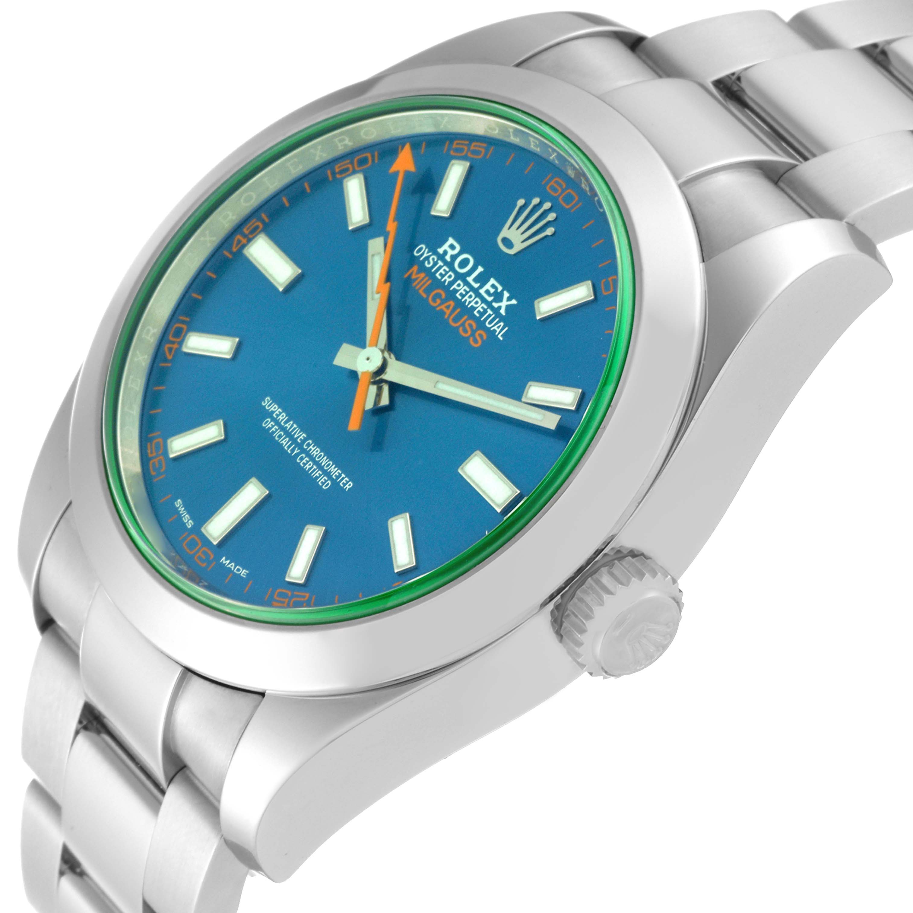 The image shows a Rolex Milgauss 116400GV Men's Stainless Steel Blue Dial 116400GV Men's Stainless Steel Blue Dial watch from an angled side view, highlighting the dial, bezel, crown, and part of the bracelet.