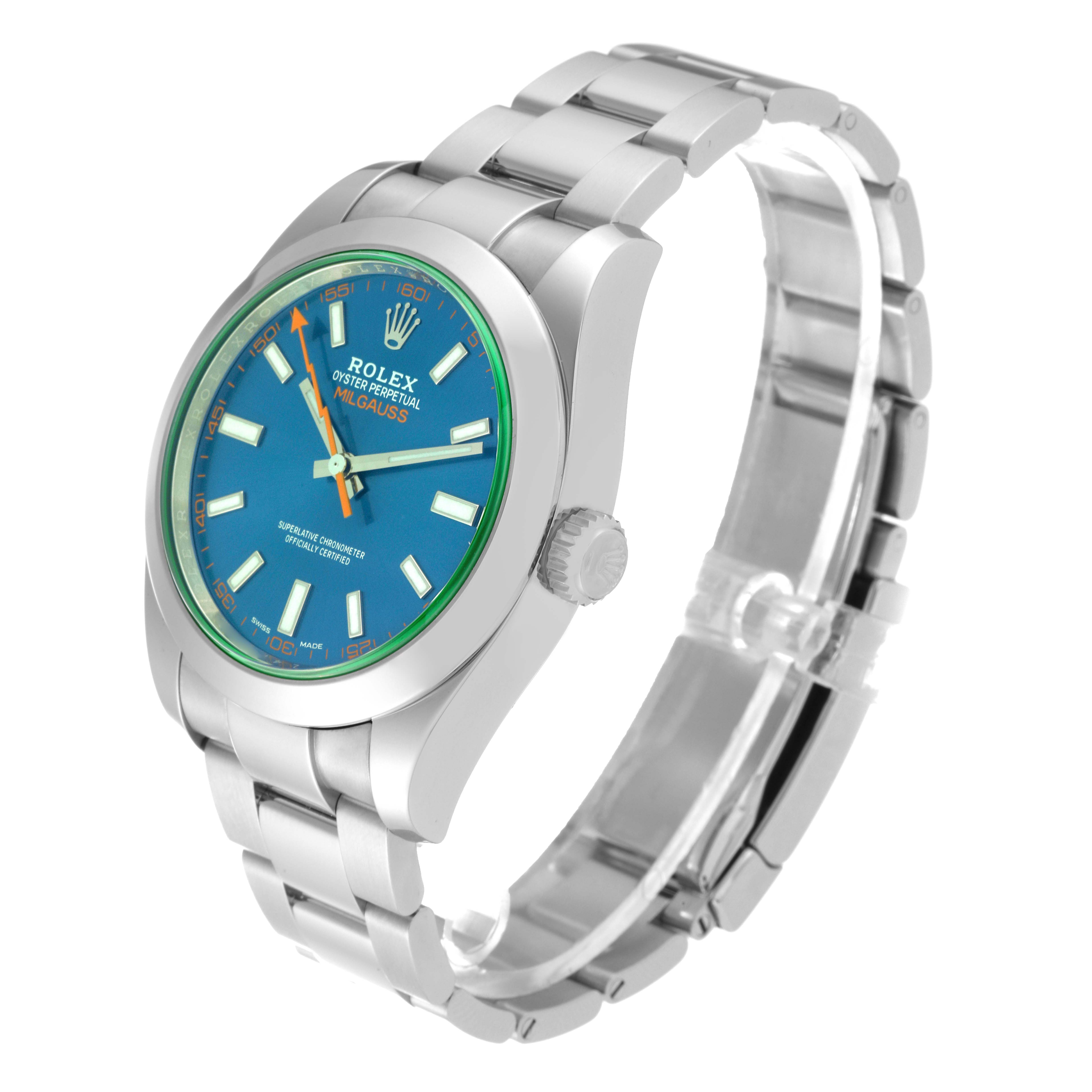 The Rolex Milgauss 116400GV Men's Stainless Steel Blue Dial 116400GV Men's Stainless Steel Blue Dial watch is shown at a slight angle displaying the face, crown, and fully extended bracelet.