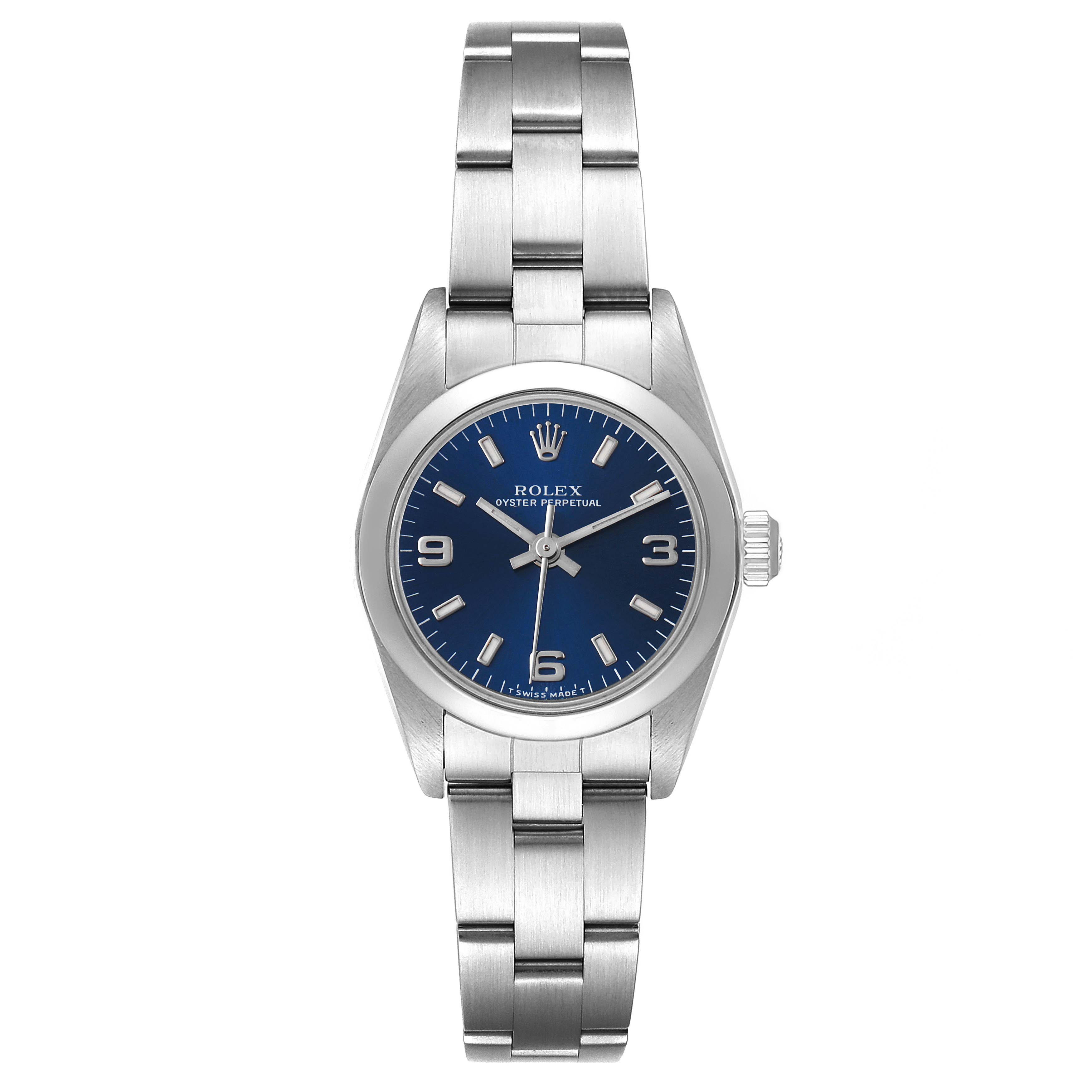The image shows a front view of a Rolex Oyster Perpetual 76080 Women's Stainless Steel Blue Dial 76080 Women's Stainless Steel Blue Dial watch, highlighting the blue dial, hour markers, and stainless steel bracelet.