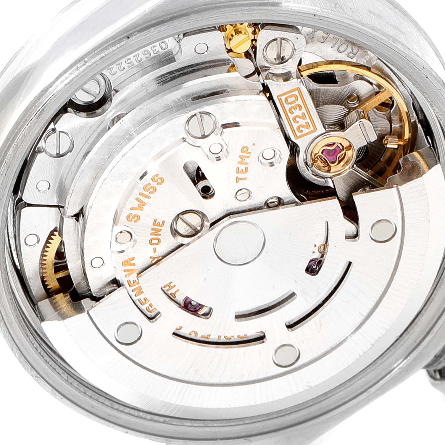 The image shows the inner mechanical movement components of a Rolex Oyster Perpetual 76080 Women's Stainless Steel Blue Dial 76080 Women's Stainless Steel Blue Dial watch from a close-up angle.