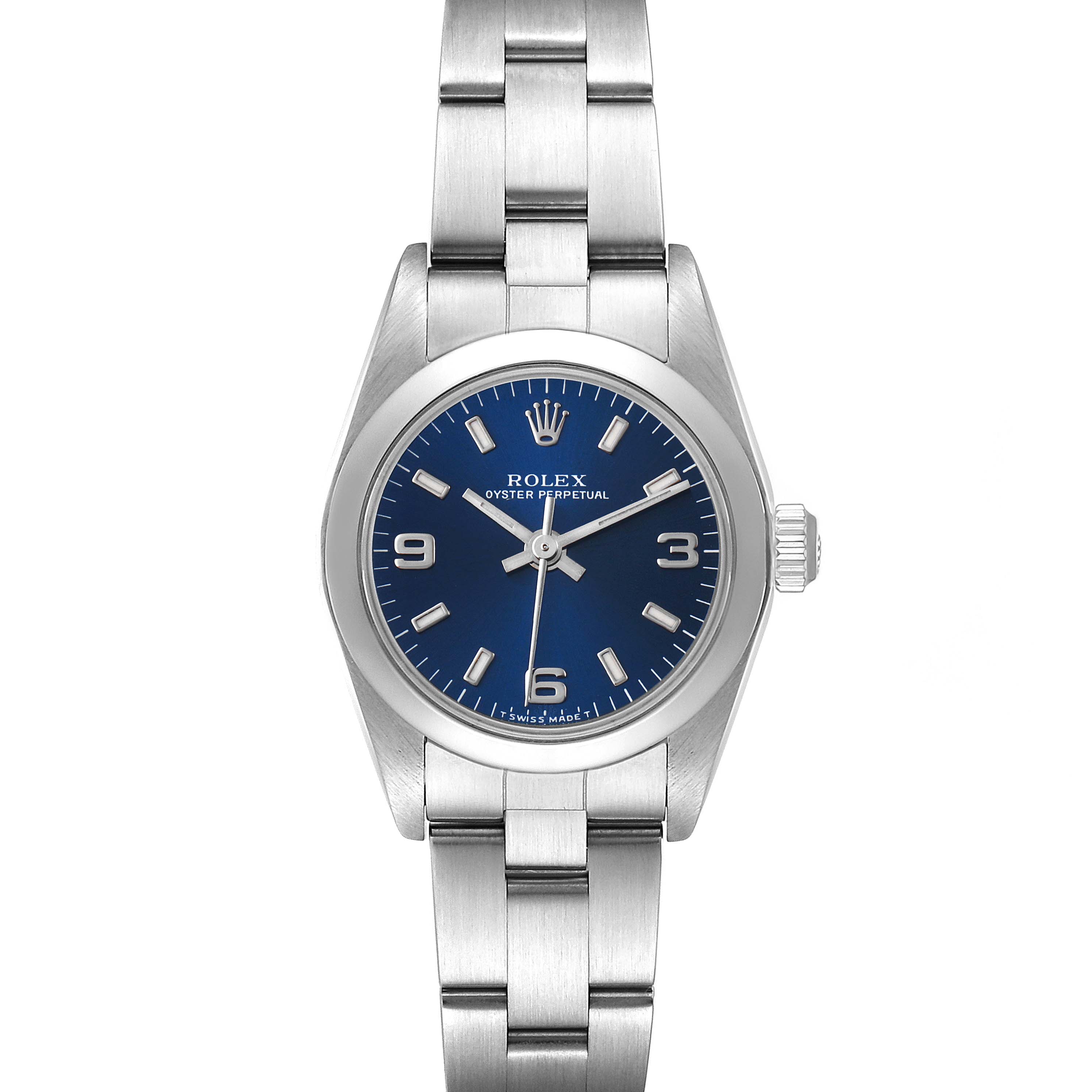 The Rolex Oyster Perpetual 76080 Women's Stainless Steel Blue Dial 76080 Women's Stainless Steel Blue Dial watch is shown from a top-down angle, highlighting the blue dial, hands, crown, and stainless steel bracelet.