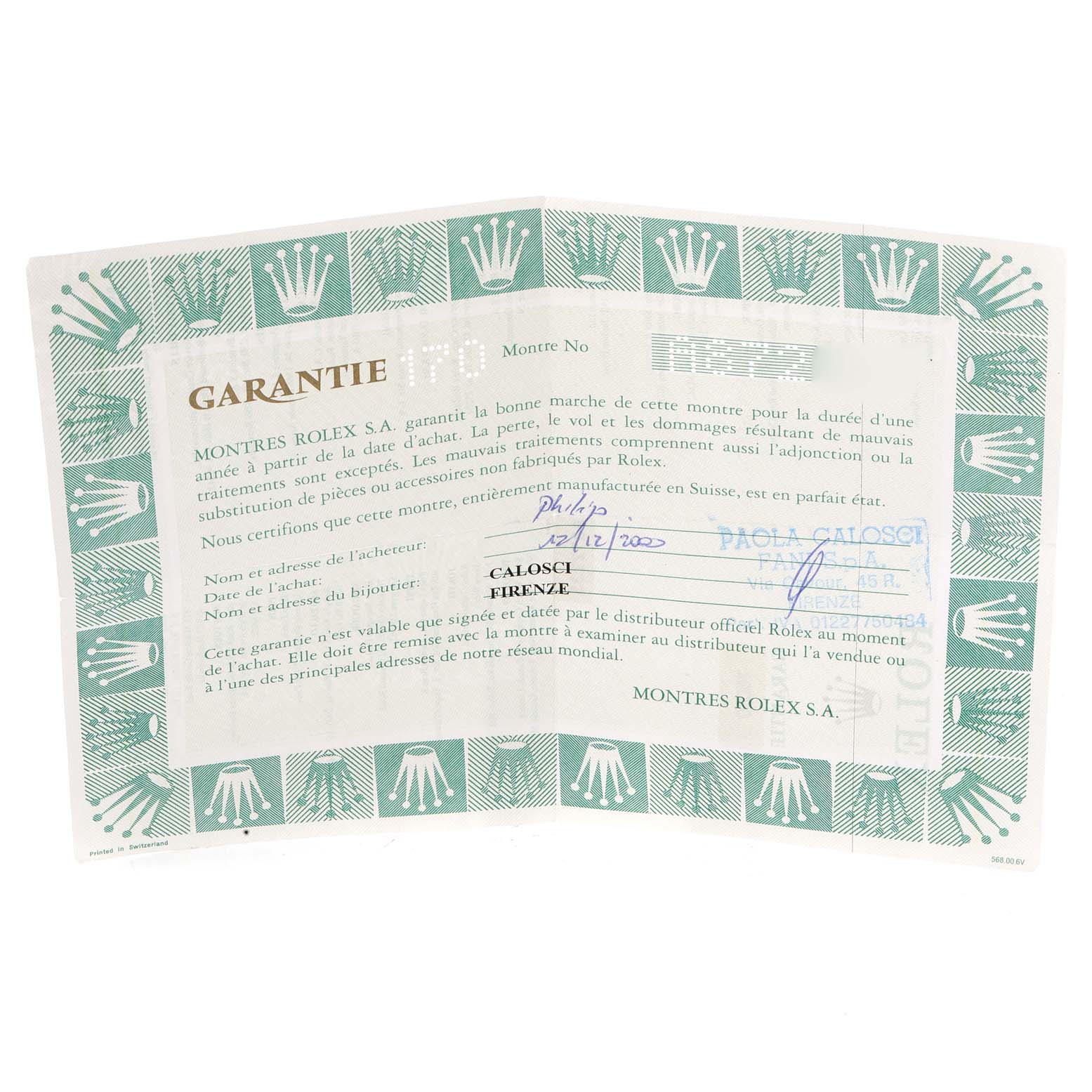 This image shows a guarantee certificate for a Rolex Oyster Perpetual 76080 Women's Stainless Steel Blue Dial 76080 Women's Stainless Steel Blue Dial watch.