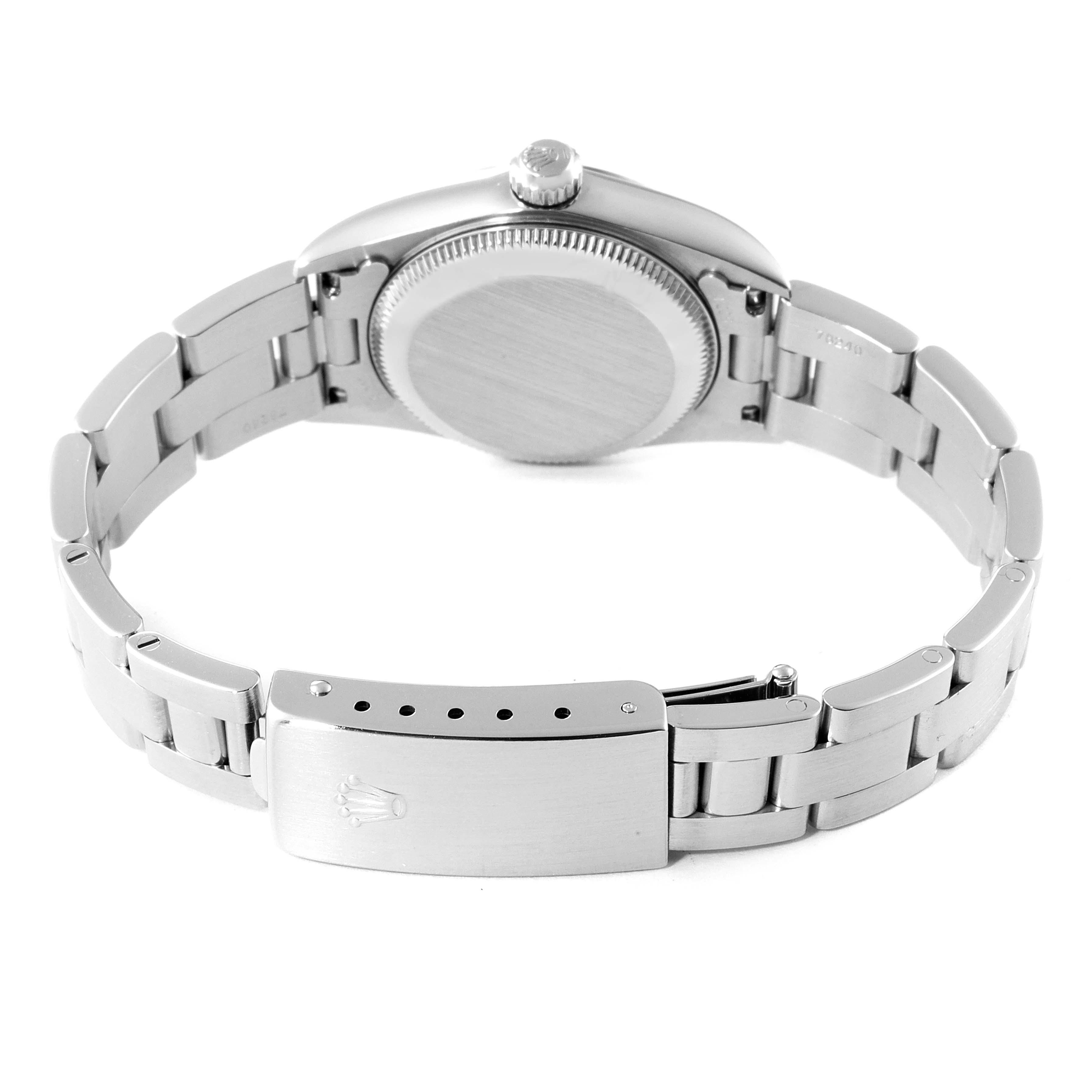 The image shows the back view of a Rolex Oyster Perpetual 76080 Women's Stainless Steel Blue Dial 76080 Women's Stainless Steel Blue Dial watch, displaying its closed case and adjustable bracelet clasp.