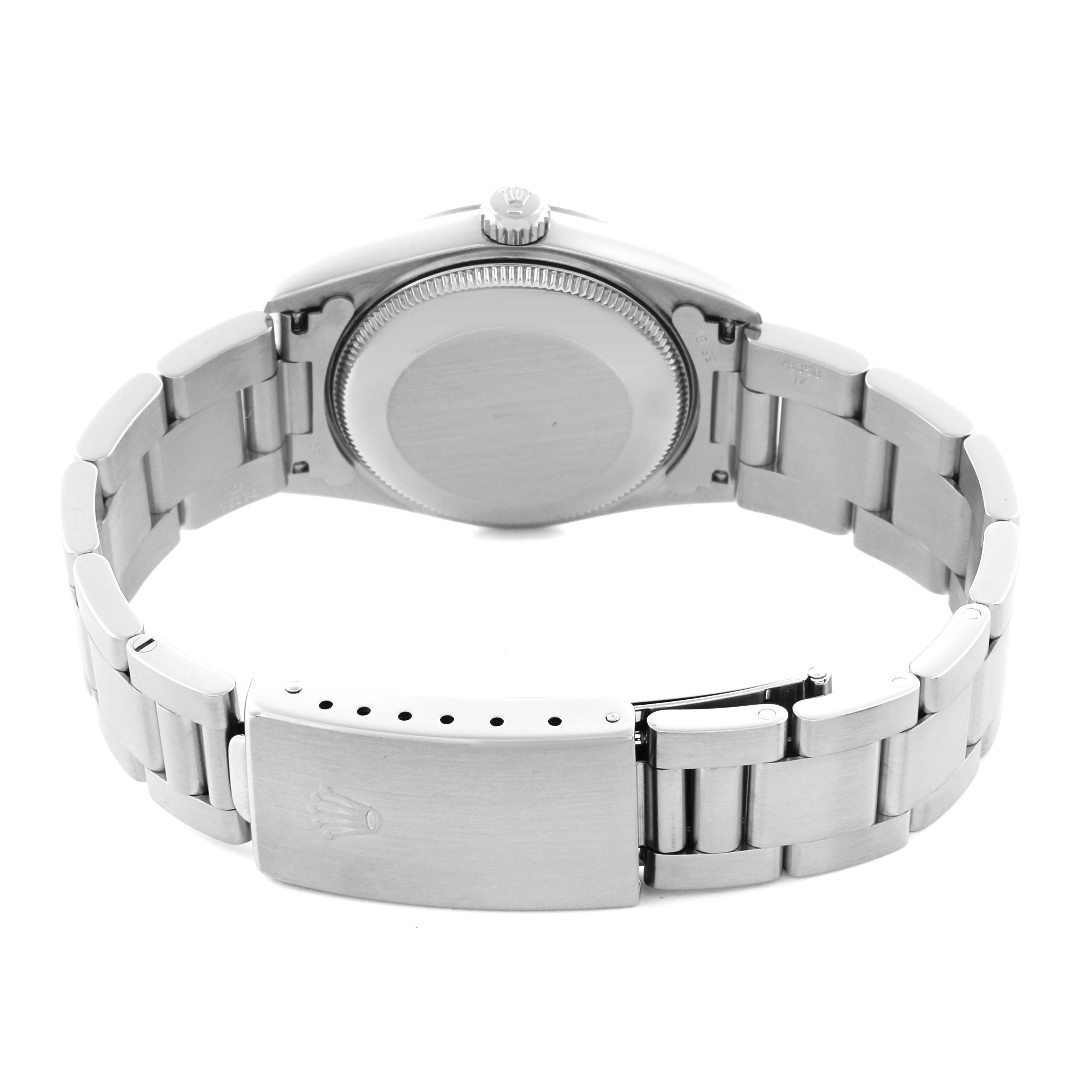 The image shows the back view of a Rolex Mid-Size 77080 Women's Stainless Steel Black Dial 77080 Women's Stainless Steel Black Dial watch, highlighting the case back and bracelet clasp.