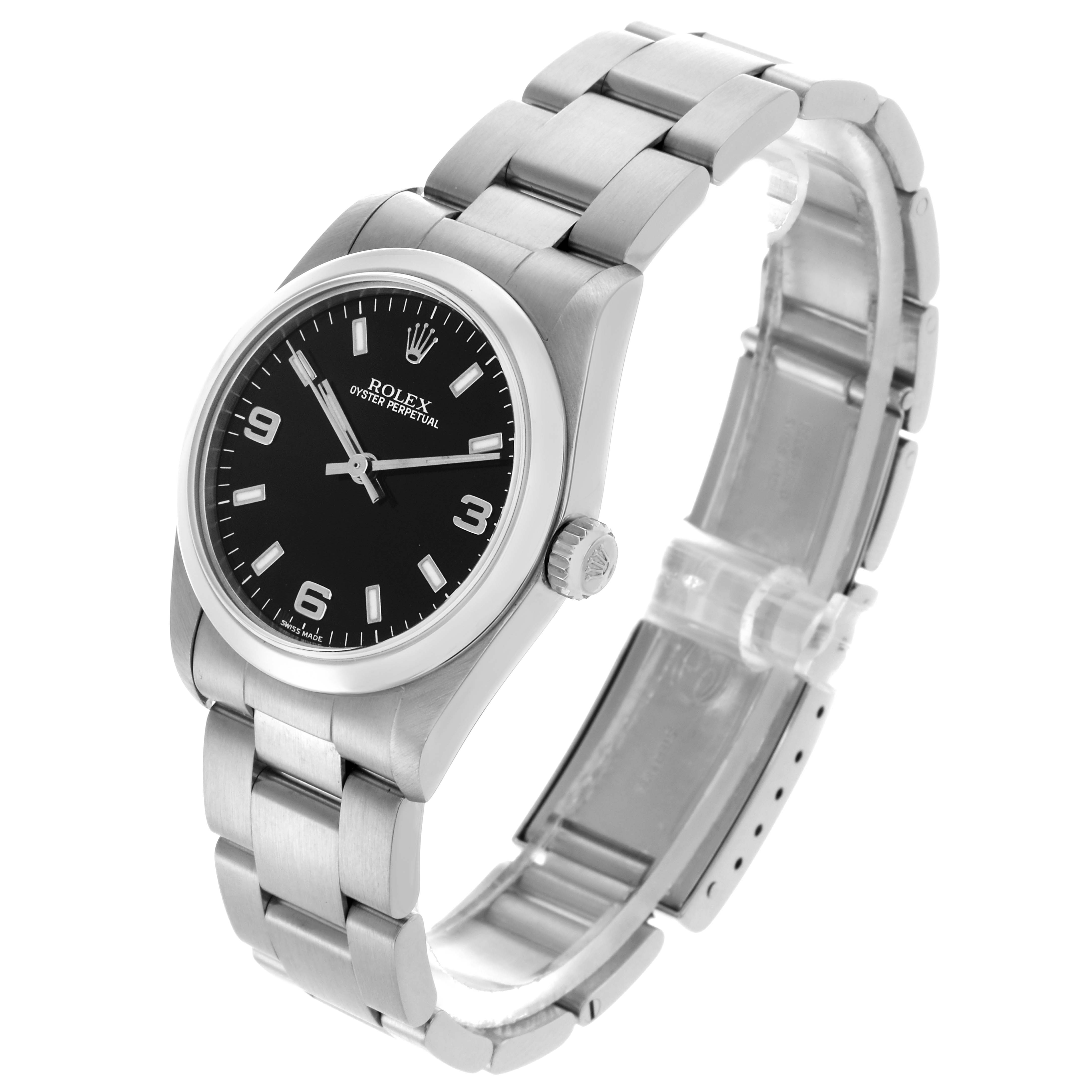 The Rolex Mid-Size 77080 Women's Stainless Steel Black Dial 77080 Women's Stainless Steel Black Dial watch is shown at an angled side view, displaying the face, bezel, crown, and bracelet.