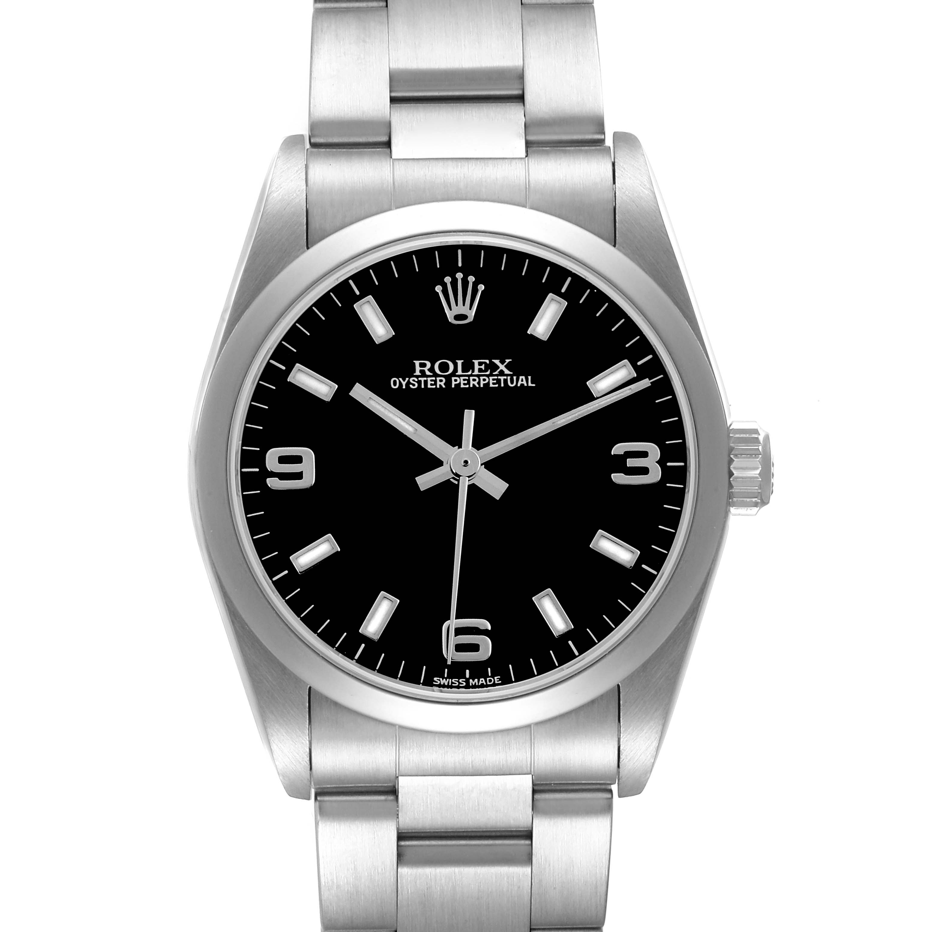 The Rolex Mid-Size 77080 Women's Stainless Steel Black Dial 77080 Women's Stainless Steel Black Dial Oyster Perpetual watch is shown from the front, highlighting the black dial, hour markers, and stainless steel bracelet.