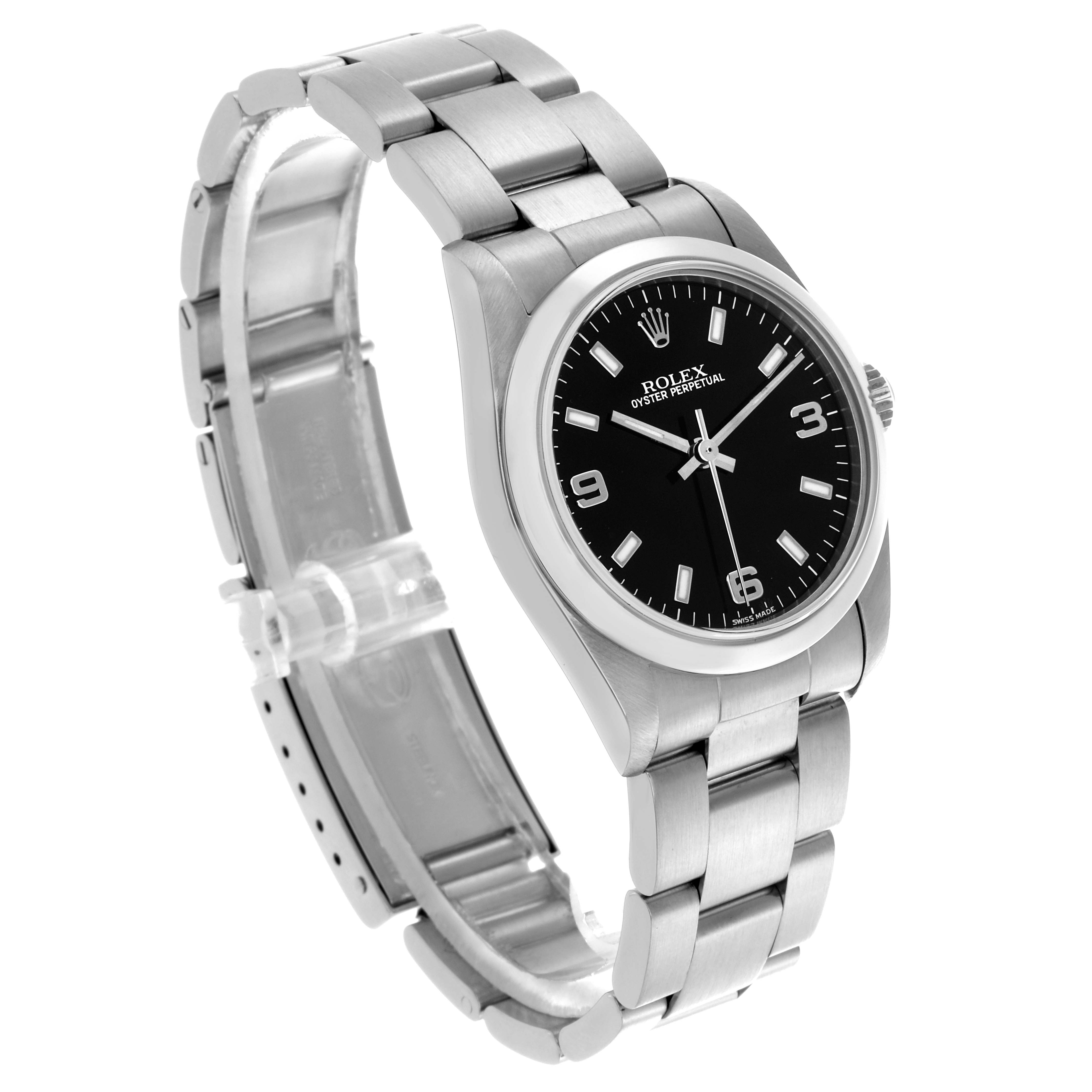 The Rolex Mid-Size 77080 Women's Stainless Steel Black Dial 77080 Women's Stainless Steel Black Dial watch is shown at a slight angle, displaying the face, case, and part of the bracelet.