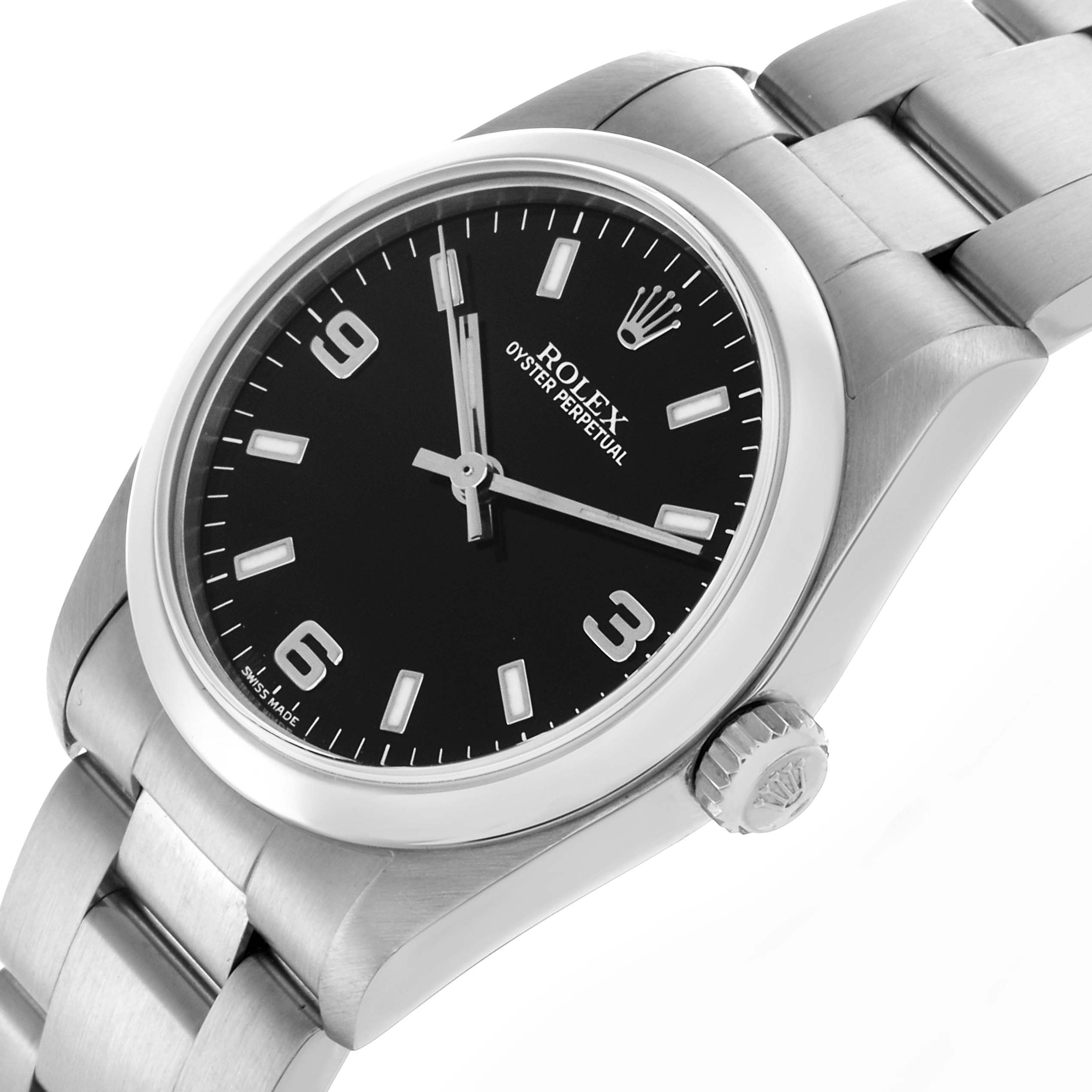 The image shows a Rolex Mid-Size 77080 Women's Stainless Steel Black Dial 77080 Women's Stainless Steel Black Dial Oyster Perpetual watch at a slight angle, highlighting the dial, bezel, crown, and bracelet.