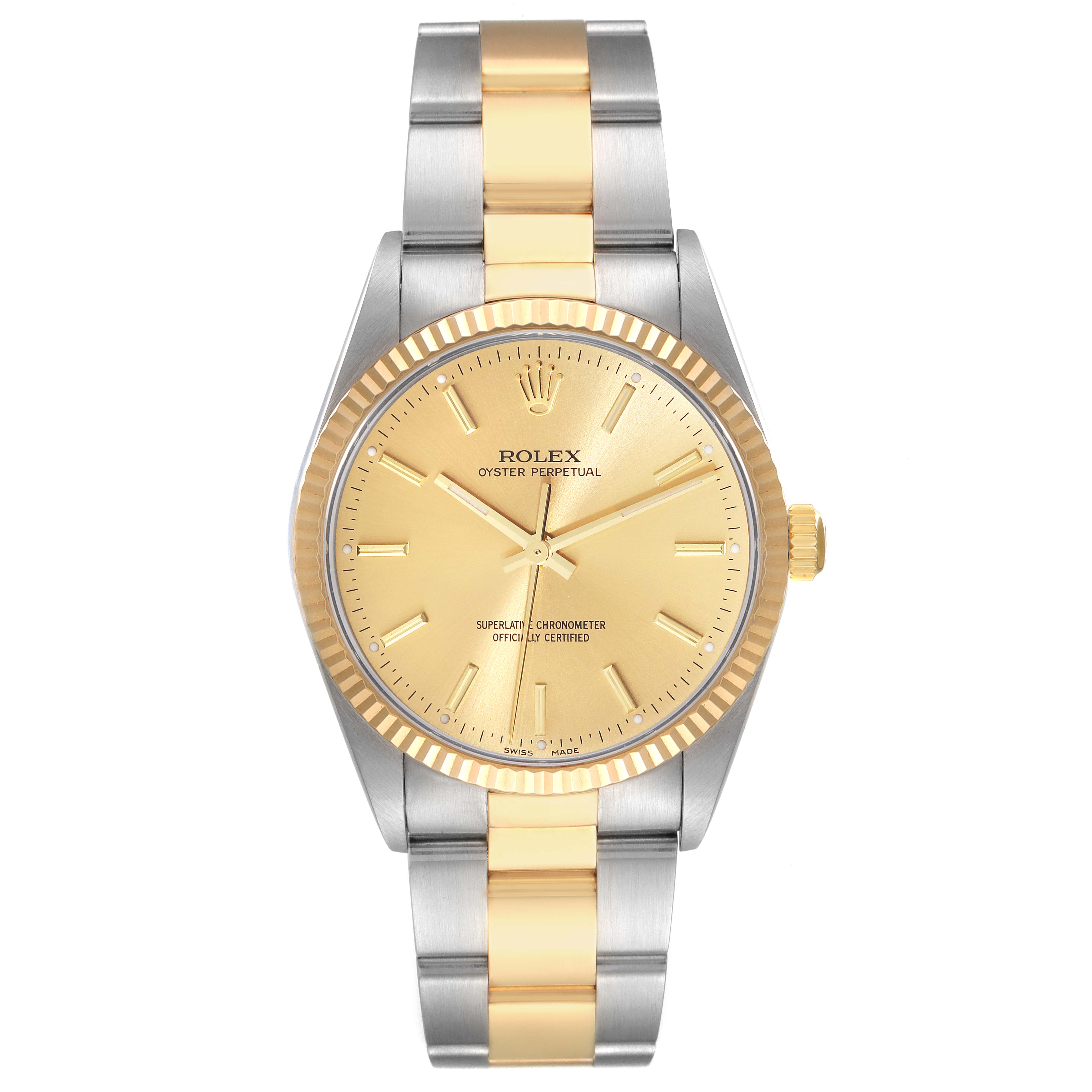 This image shows a Rolex Oyster Perpetual 14233 Men's Steel and Gold (two tone) Champagne Dial 14233 Men's Steel and Gold (two tone) Champagne Dial watch from the front, highlighting its gold dial, bezel, and two-tone bracelet.