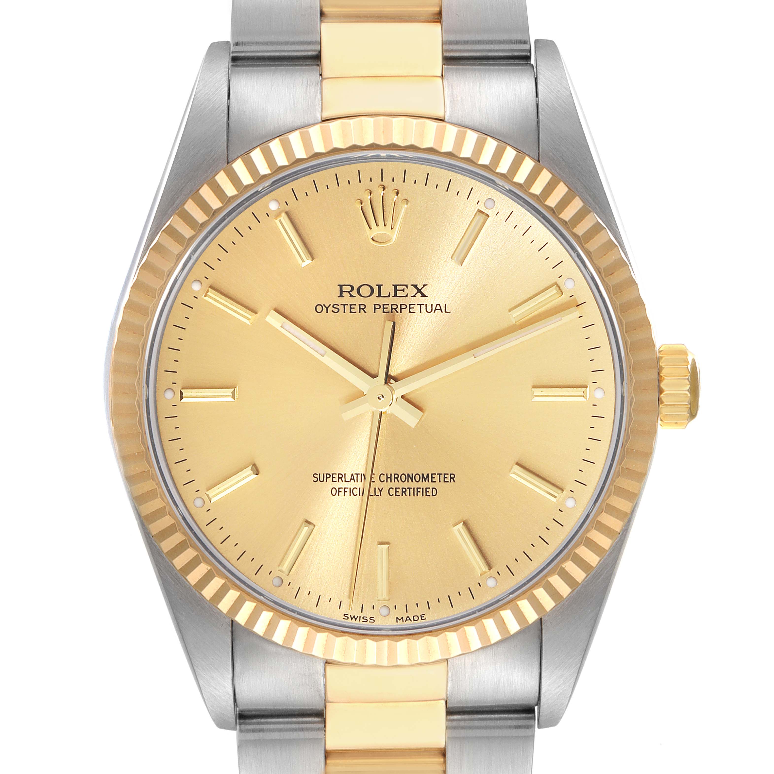 The Rolex Oyster Perpetual 14233 Men's Steel and Gold (two tone) Champagne Dial 14233 Men's Steel and Gold (two tone) Champagne Dial watch is shown from the front, displaying the dial, bezel, and part of the bracelet.