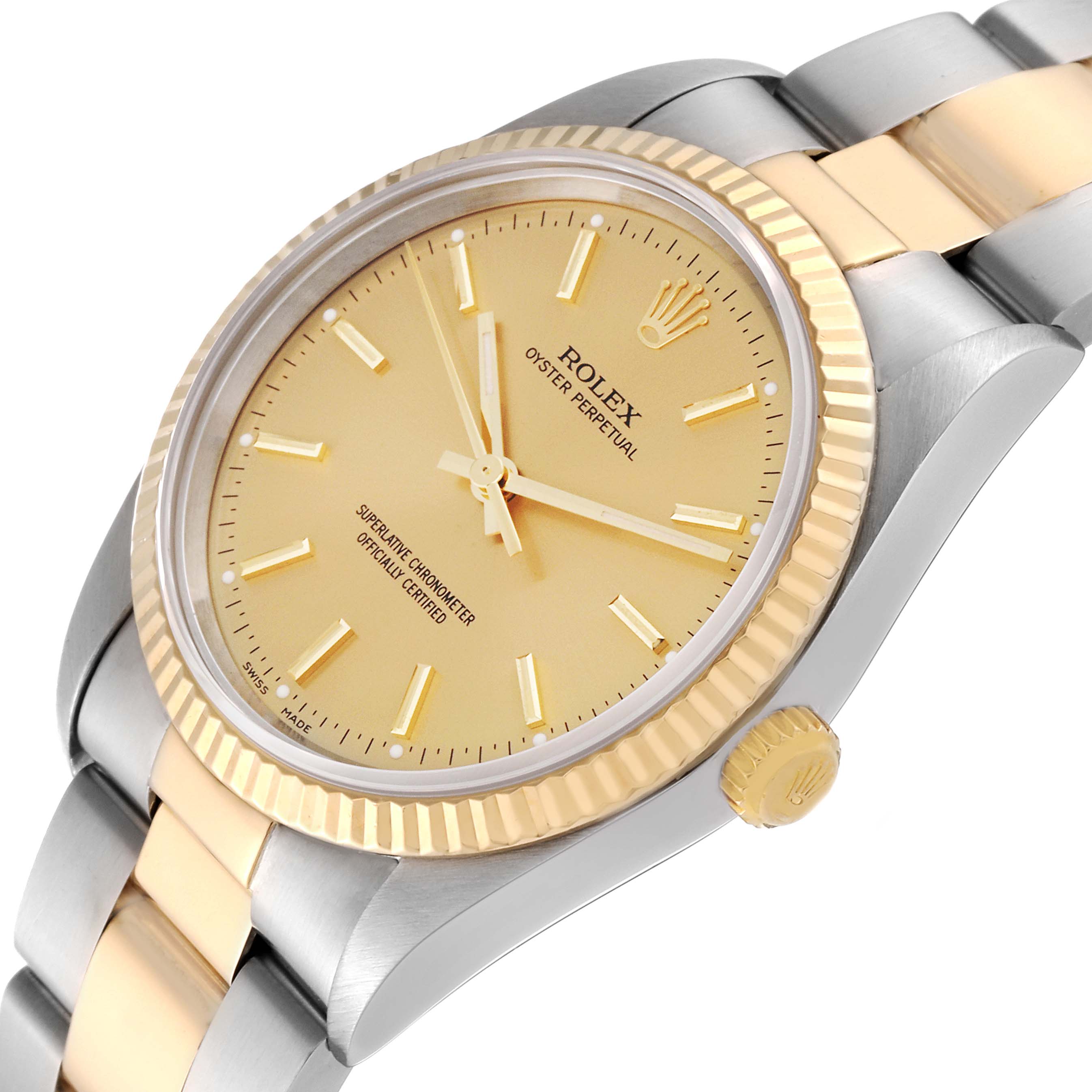 The image shows a close-up angled view of a Rolex Oyster Perpetual 14233 Men's Steel and Gold (two tone) Champagne Dial 14233 Men's Steel and Gold (two tone) Champagne Dial watch, highlighting the face, bezel, crown, and part of the bracelet.