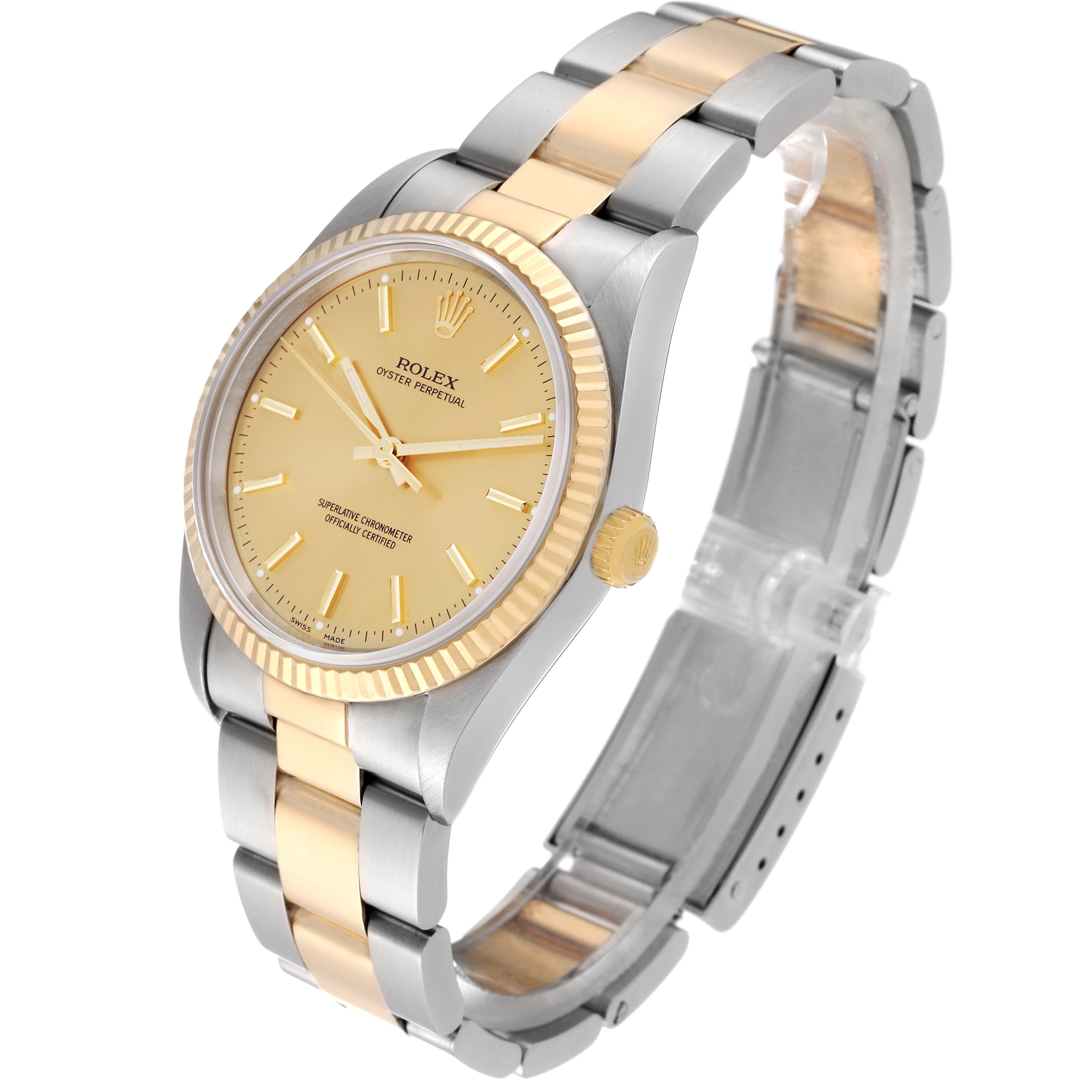 The image shows a side angle of a Rolex Oyster Perpetual 14233 Men's Steel and Gold (two tone) Champagne Dial 14233 Men's Steel and Gold (two tone) Champagne Dial watch featuring a two-tone silver and gold bracelet and gold bezel.