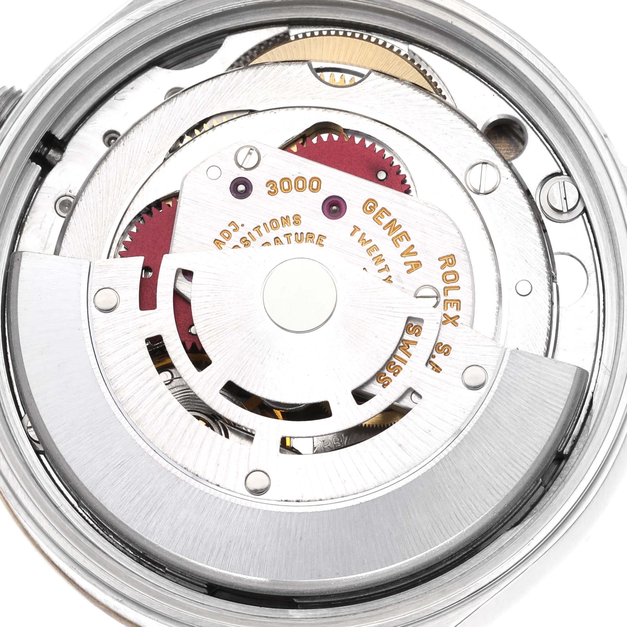 The image shows the internal mechanism of a Rolex Oyster Perpetual 14233 Men's Steel and Gold (two tone) Champagne Dial 14233 Men's Steel and Gold (two tone) Champagne Dial watch from a top-down angle.
