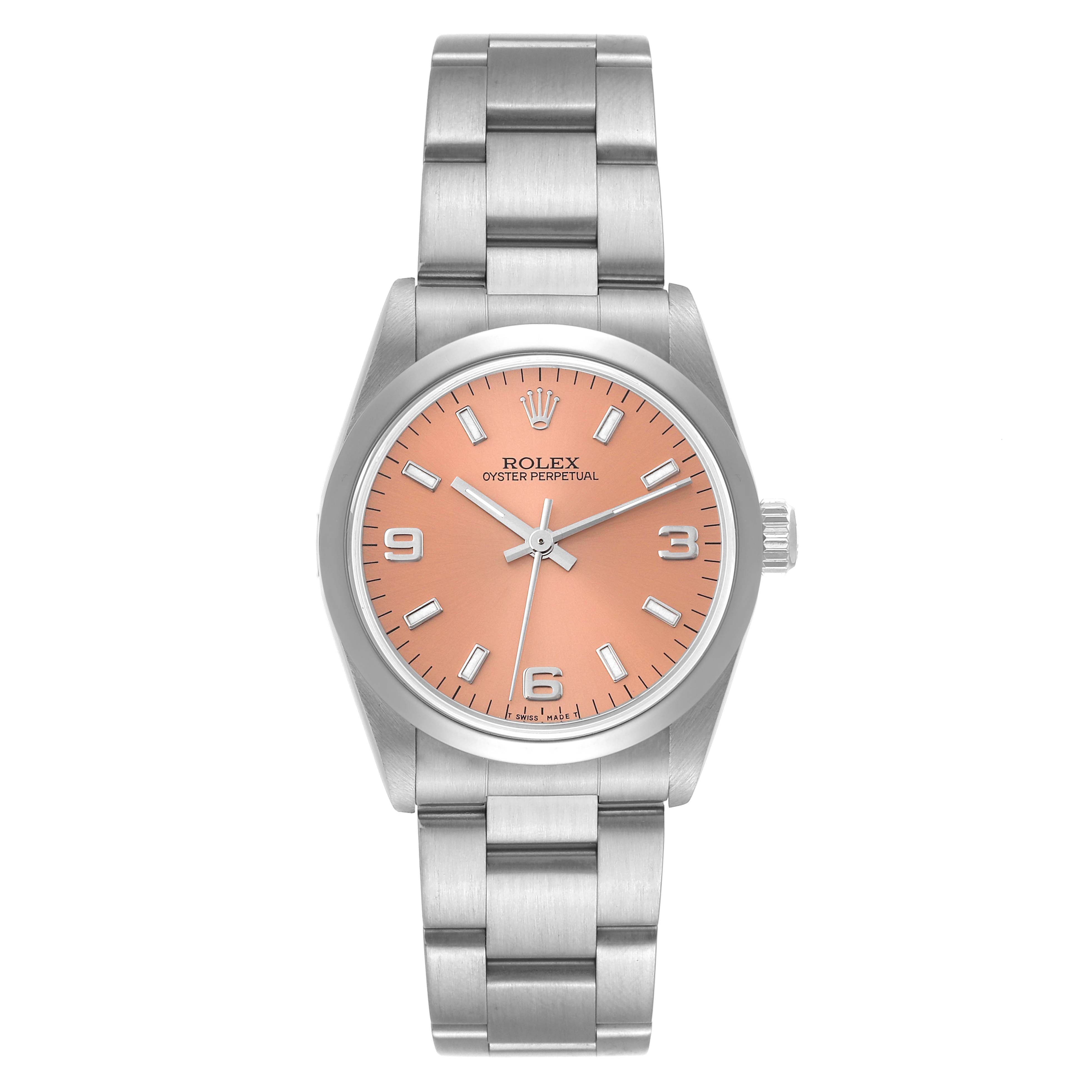 This image shows a front view of a Rolex Mid-Size 67480 Women
s Stainless Steel Pink Dial 67480 Women
s Stainless Steel Pink Dial Oyster Perpetual watch with a pink dial and a stainless steel bracelet.