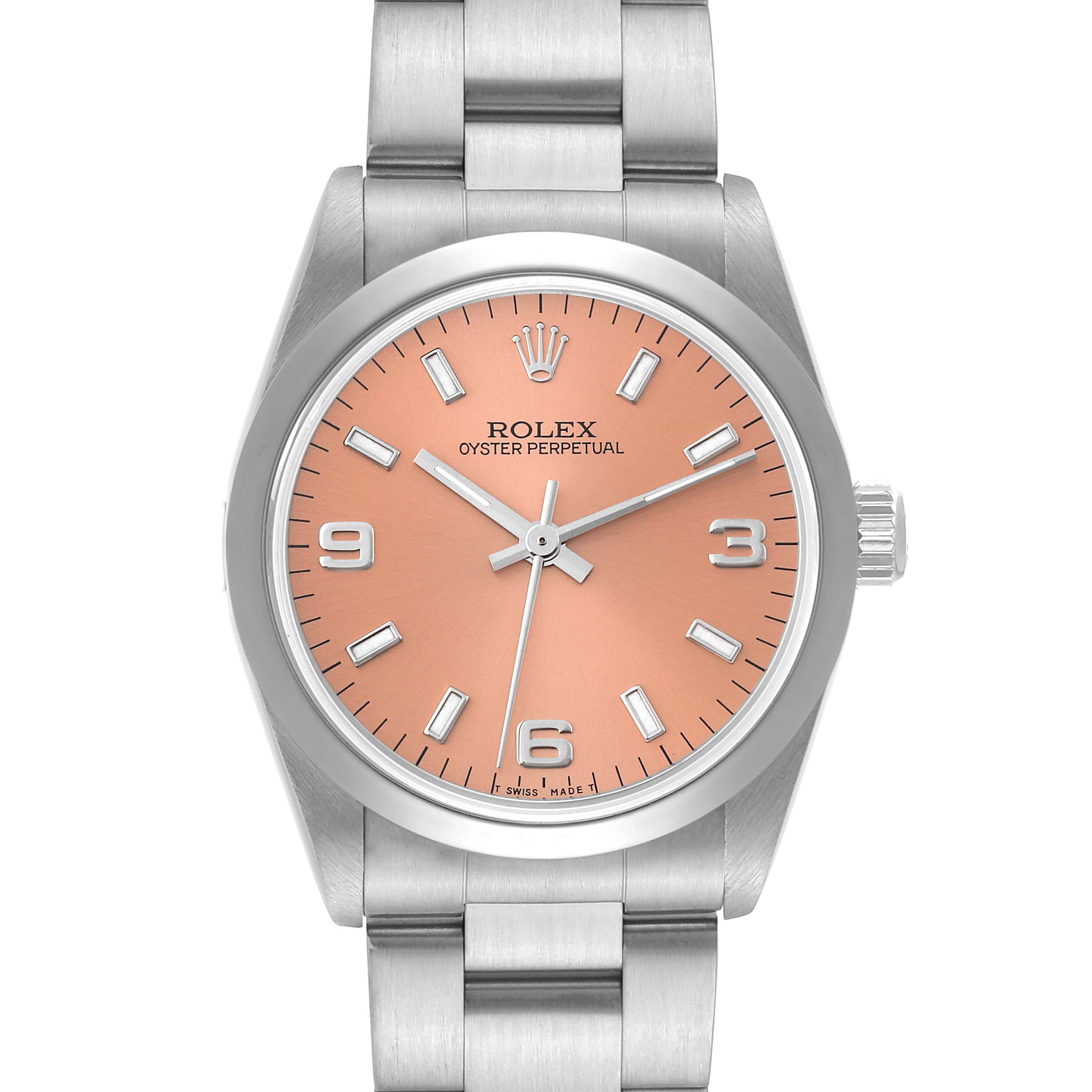 The Rolex Mid-Size 67480 Women
s Stainless Steel Pink Dial 67480 Women
s Stainless Steel Pink Dial Oyster Perpetual watch is shown from a front-facing angle, displaying its pink dial and stainless steel bracelet.