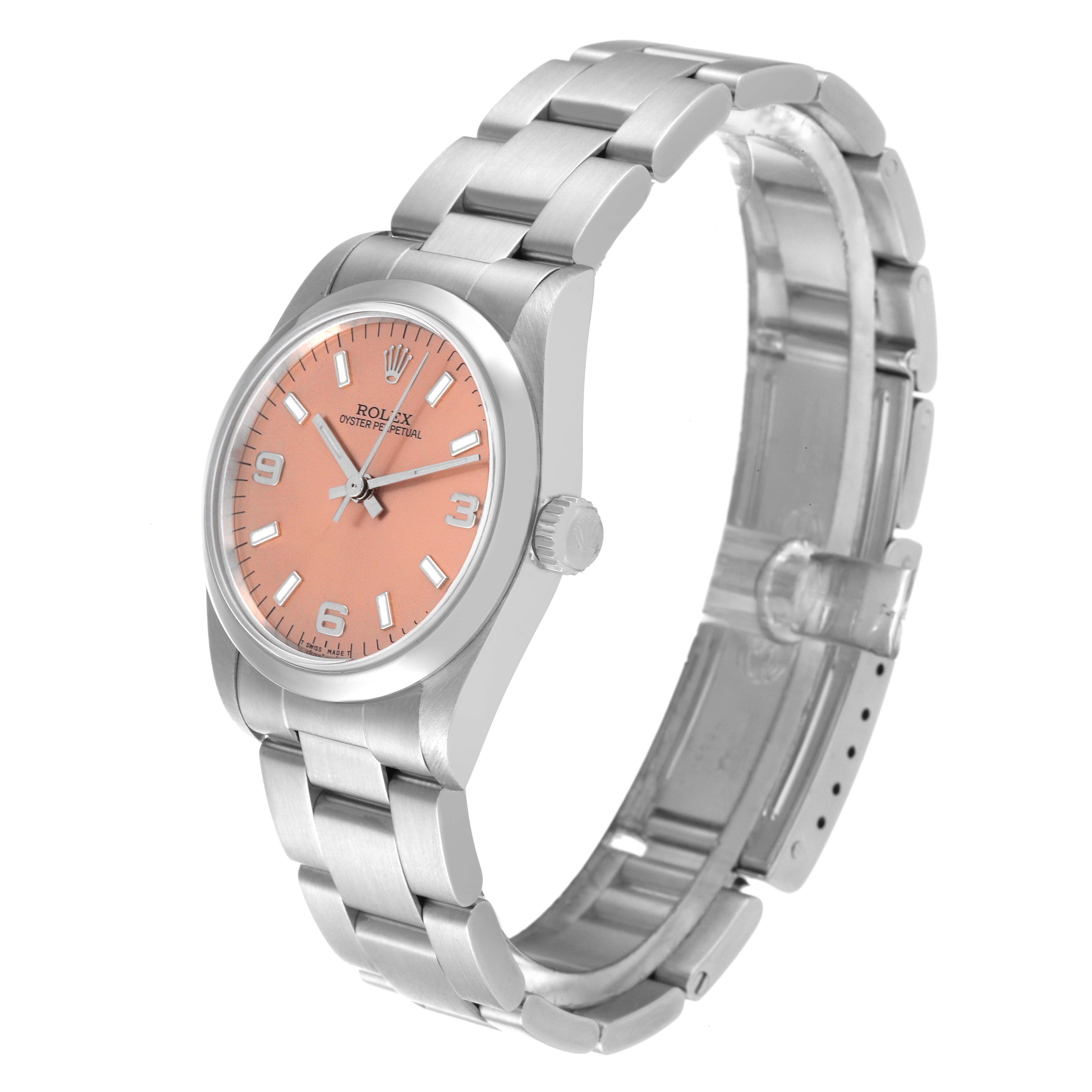The image shows a side angle view of a Rolex Mid-Size 67480 Women
s Stainless Steel Pink Dial 67480 Women
s Stainless Steel Pink Dial watch displaying its face, bezel, case, and bracelet.