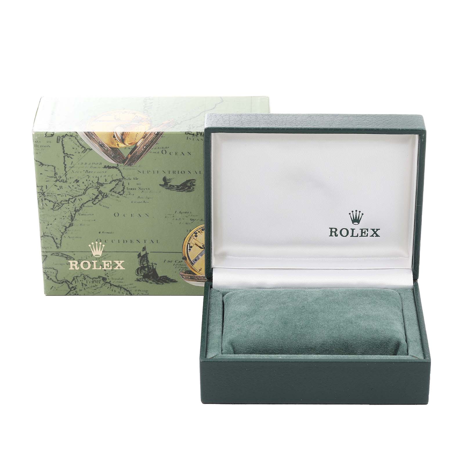 This image shows a Rolex Mid-Size 67480 Women
s Stainless Steel Pink Dial 67480 Women
s Stainless Steel Pink Dial model watch box and packaging from a front angle.