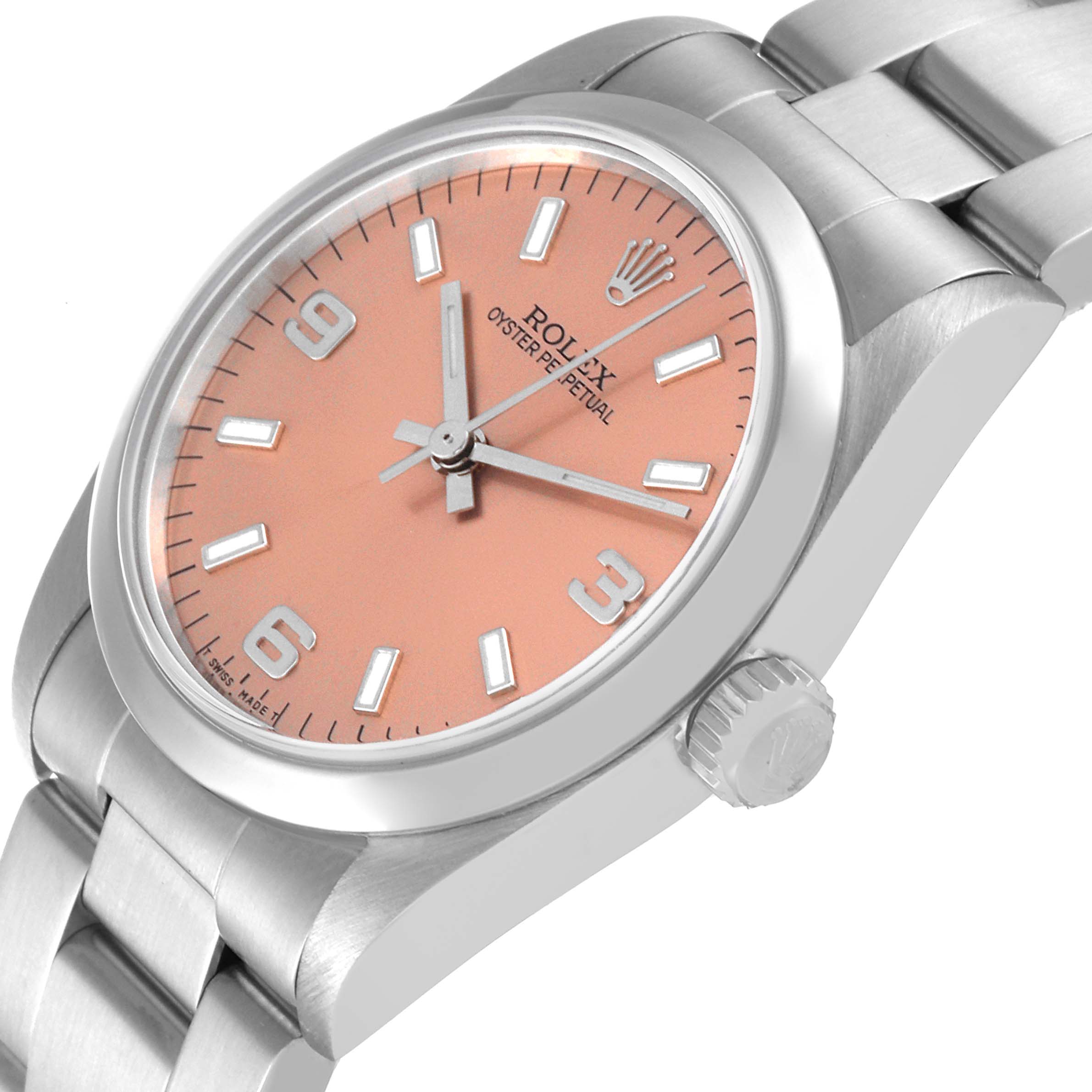 The Rolex Mid-Size 67480 Women
s Stainless Steel Pink Dial 67480 Women
s Stainless Steel Pink Dial watch is shown from a front angle, highlighting the dial, hands, crown, and bracelet.