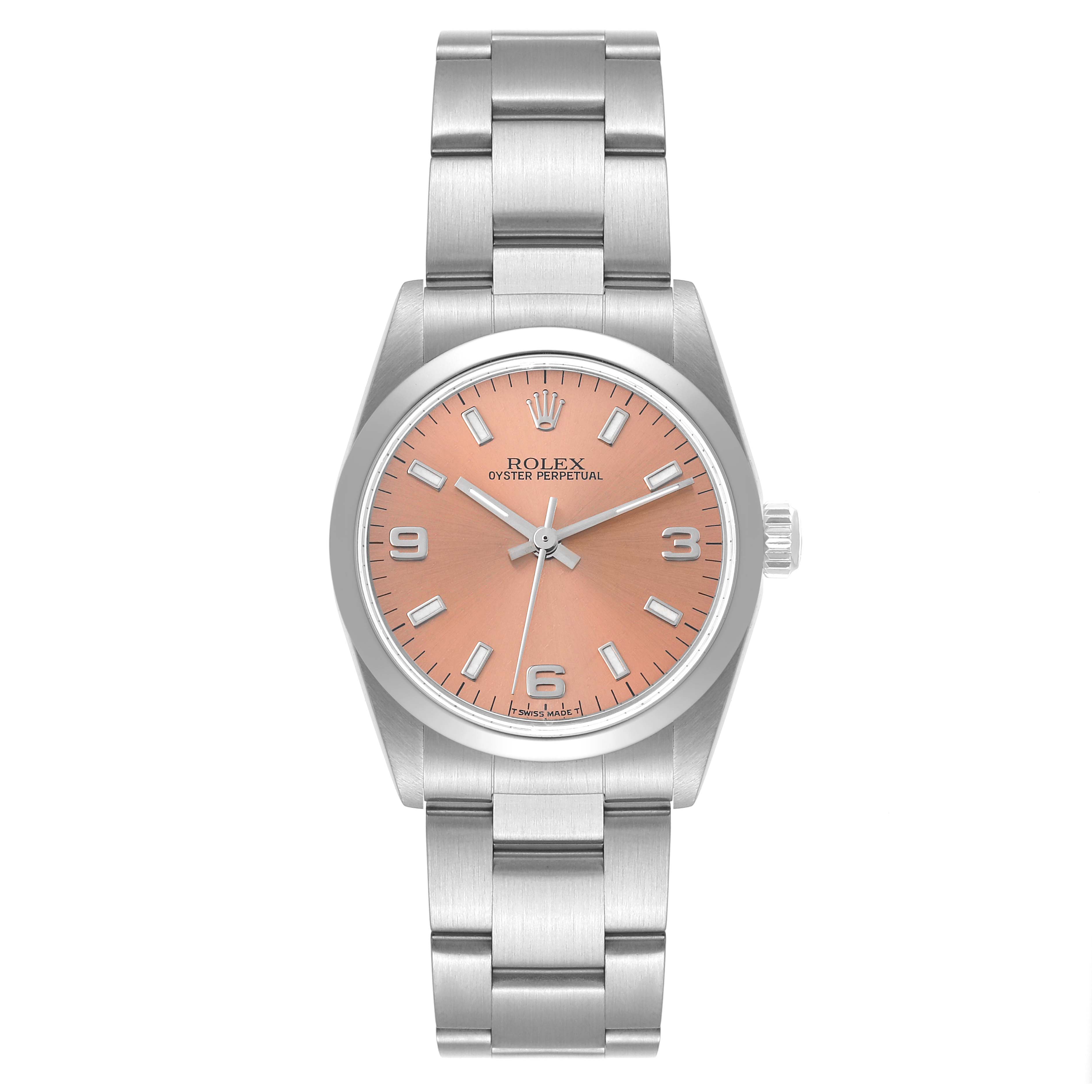 The Rolex Mid-Size 77080 Women's Stainless Steel Pink Dial 77080 Women's Stainless Steel Pink Dial Oyster Perpetual watch is shown from a top-down angle, displaying the face, bezel, bracelet, and crown.