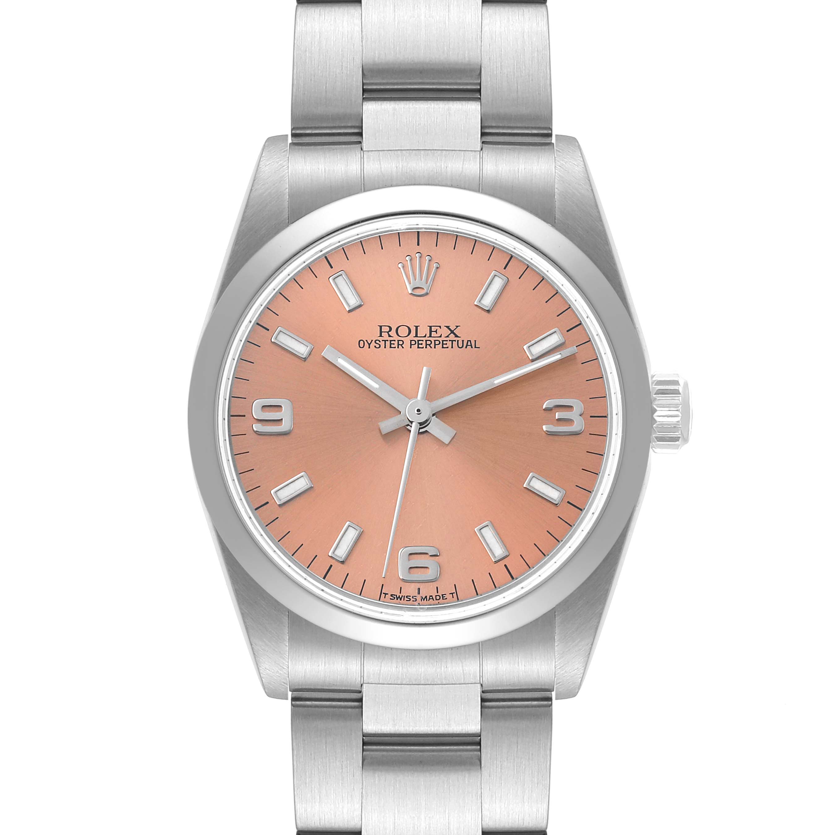 Front view of a Rolex Oyster Perpetual Mid-Size watch showing the dial, hands, crown, and part of the bracelet.