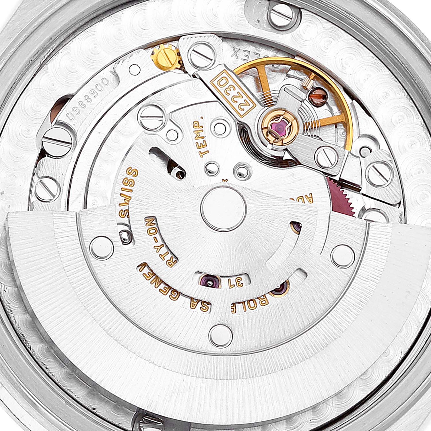 This image shows the detailed inner mechanism of the Rolex Mid-Size 77080 Women's Stainless Steel Pink Dial 77080 Women's Stainless Steel Pink Dial model watch from a top-down angle.