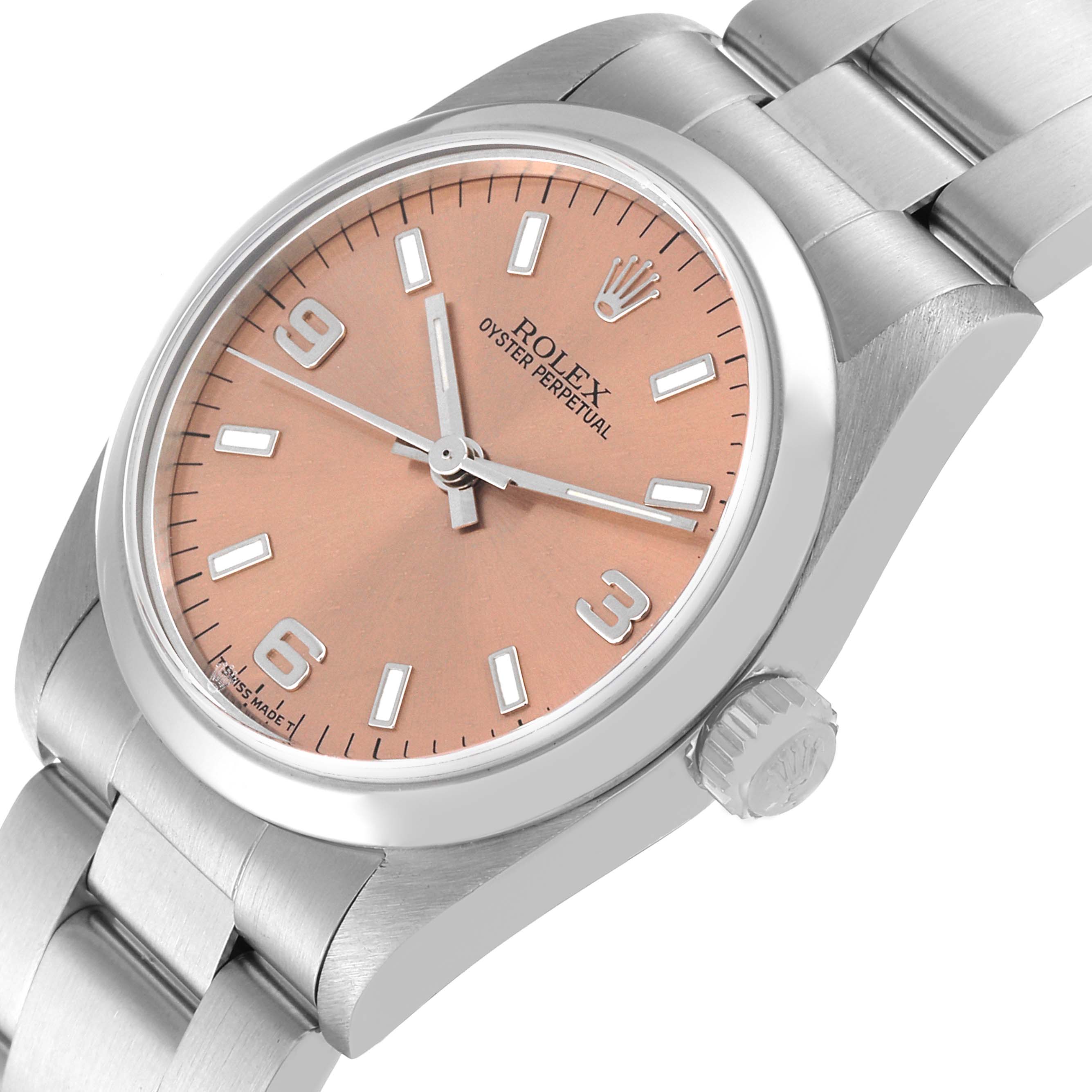 The image shows a close-up angled view of the Rolex Oyster Perpetual Mid-Size watch, capturing its face, crown, and bracelet.