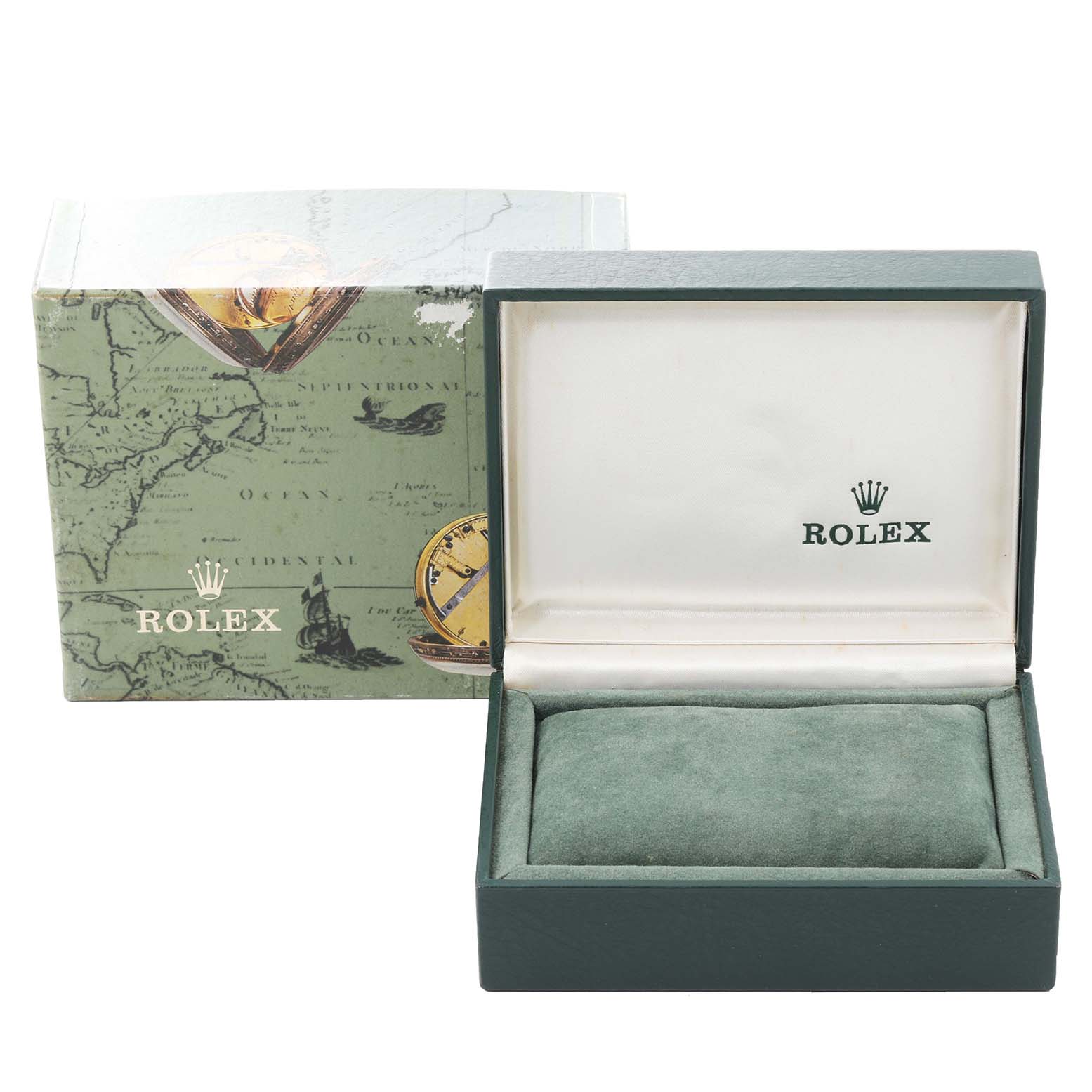 The image shows an open Rolex Mid-Size 77080 Women's Stainless Steel Pink Dial 77080 Women's Stainless Steel Pink Dial watch box and its outer packaging from a frontal angle.