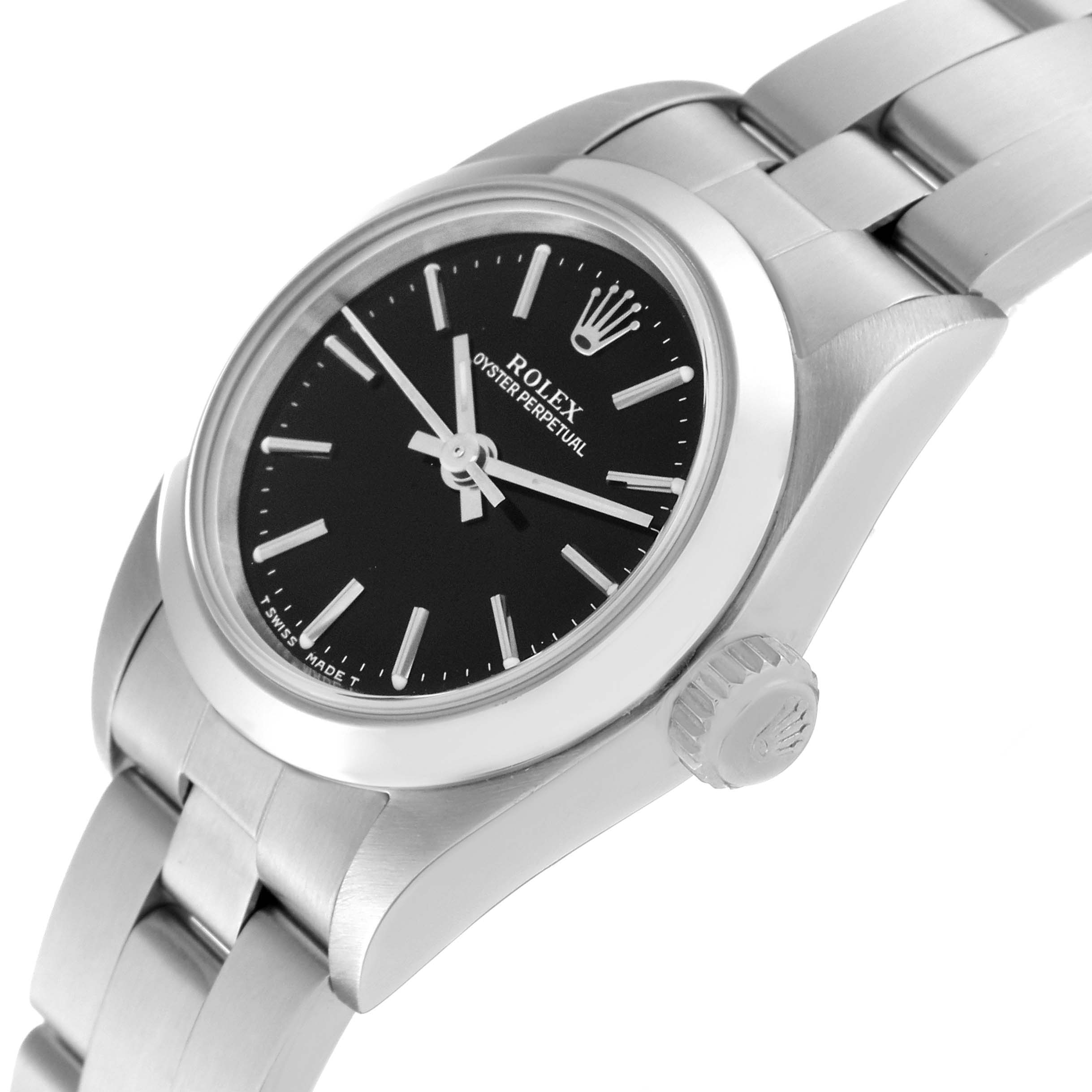 The Rolex Oyster Perpetual 67180 Women's Stainless Steel Black Dial 67180 Women's Stainless Steel Black Dial watch is shown at an angle displaying the dial, crown, and part of the bracelet.